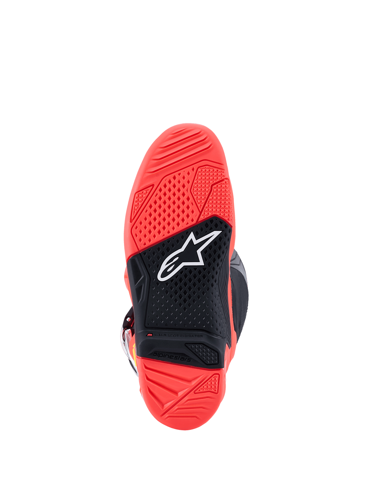 Alpinestars Tech 7 Støvler, ydersål, lysende fluorescerende rød og sort, tekstureret gummisål i dobbeltforbindelse med hvidt Alpinestars stjerne-logo og slidgrænseindikator