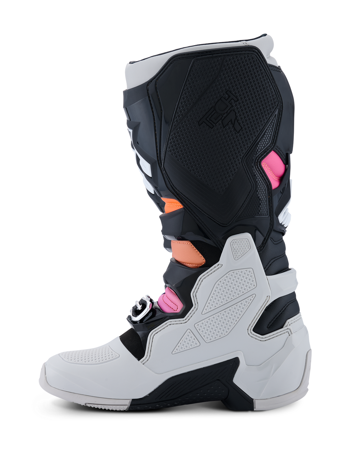 Alpinestars Tech 7 Støvler, motocross-støvler, sort, lysegrå, orange fluo og magenta, medial sideprofil med en lysegrå nedre skal, sorte TPU-paneler med Tech 7-branding og levende orange og magenta accenter.