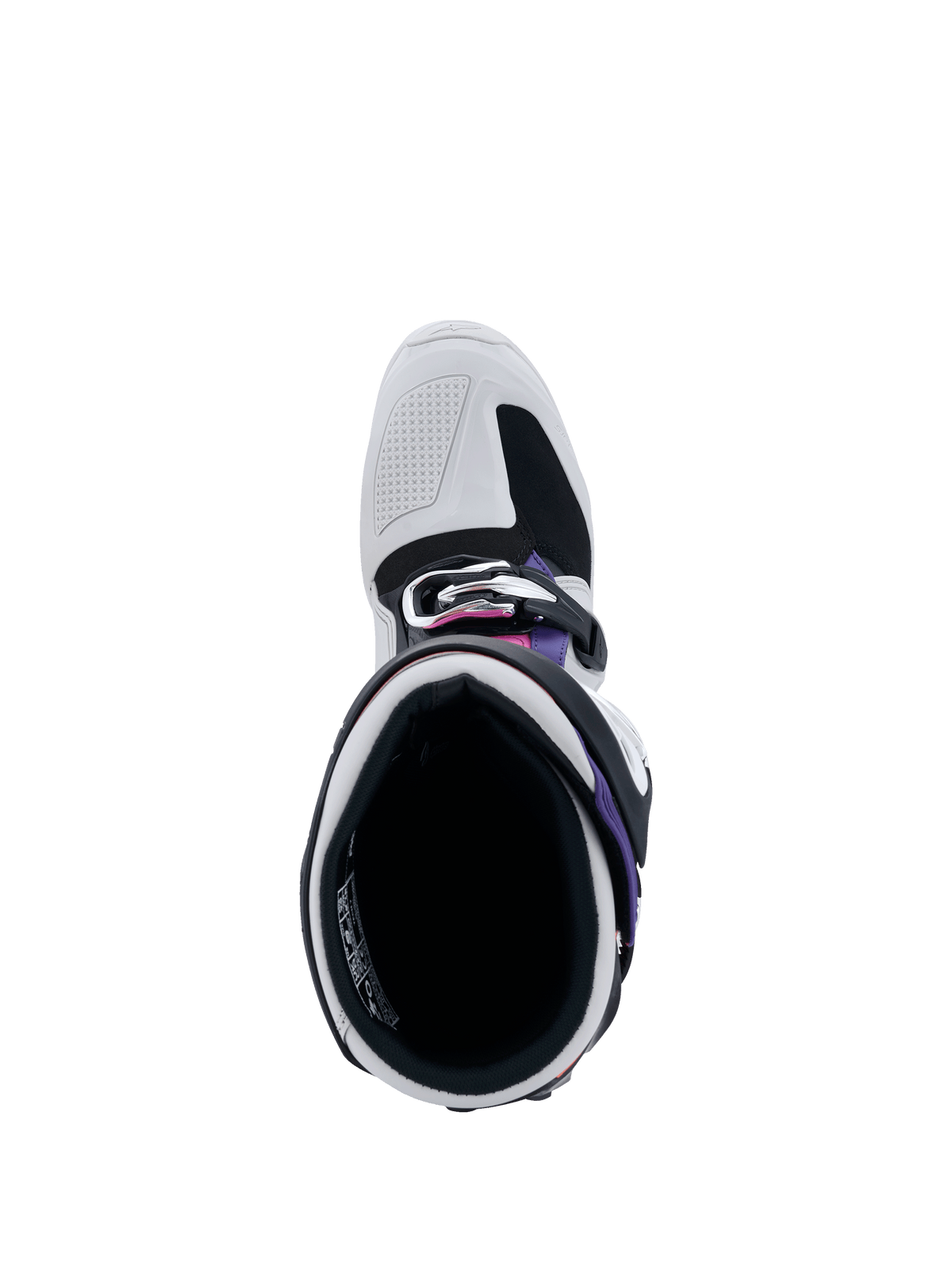 Alpinestars Tech 7 støvler, set ovenfra ned i støvleåbningen, lysgrå og sort med lilla og magenta detaljer, viser indvendig polstring, spændesystem og forstærket tåboks til off-road racing