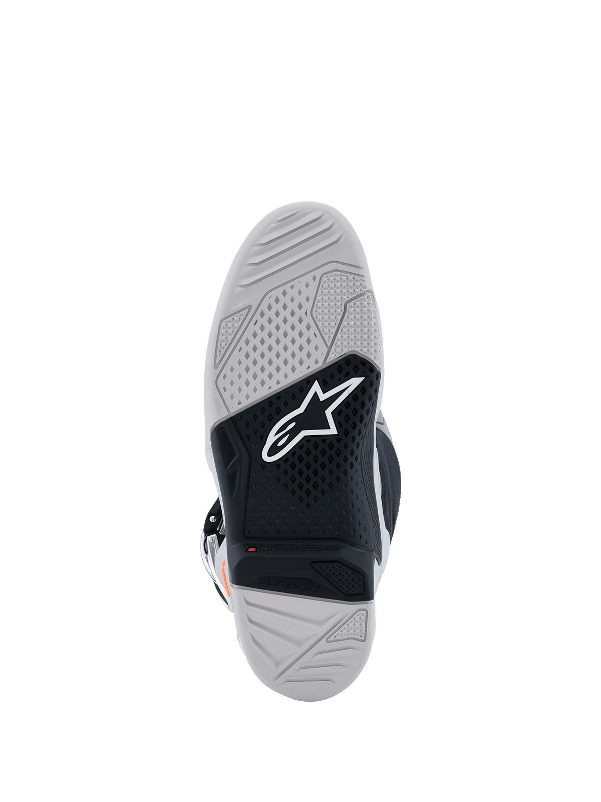 Alpinestars Tech 7-støvler, sålvisning, motocross-støvler, lysegrå og sort, med en dobbeltforbindelses vulkaniseret gummisål, hvidt Alpinestars-logo, rød slidgrænseindikator og tekstureret mønster med højt greb.