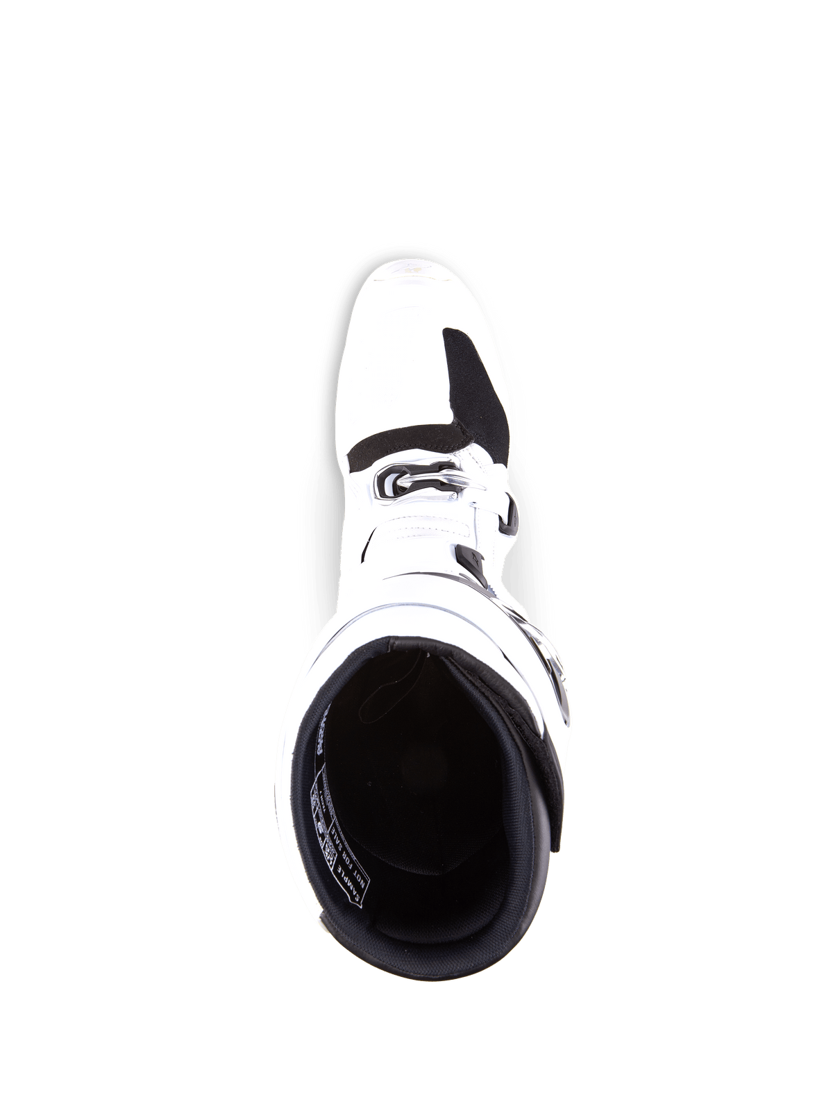 Alpinestars Tech 7 Boots, Motocross Boots, White and Black, top-down view showing the interior opening and toe area, durable TPU construction with buckle details, professional off-road racing footwear