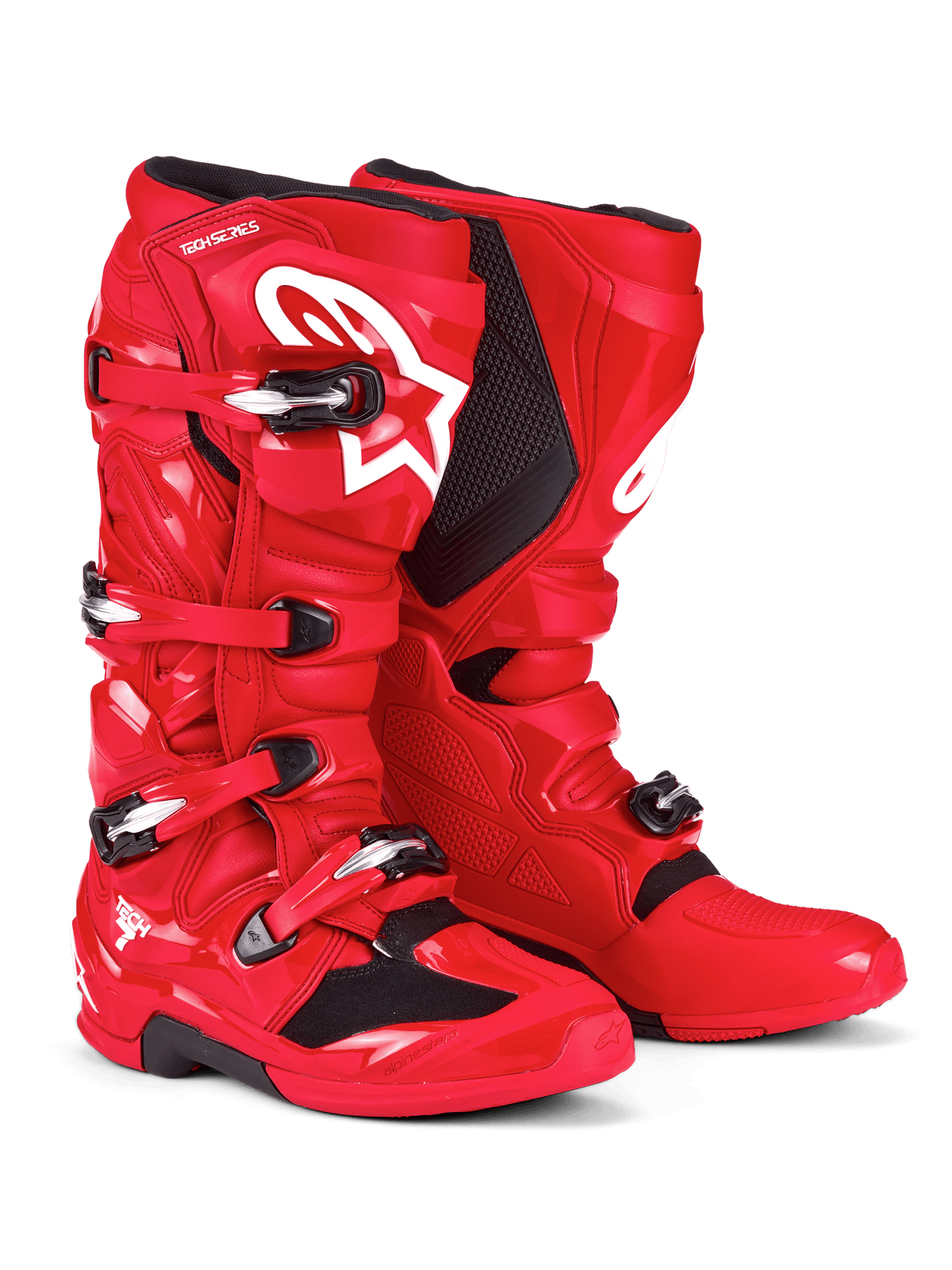 Alpinestars Tech 7-støvler, motocross-støvler, klar rød, med hvidt Astars-logo på skinnebenet, sølv- og sort spændelukningssystem og beskyttende TPU-skal til off-road-ydeevne