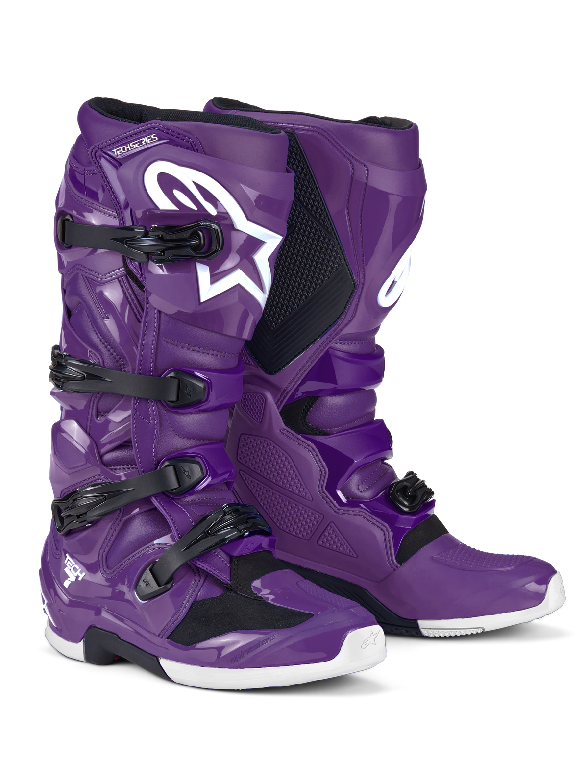 Alpinestars Tech 7 støvler, motocross-støvler, lilla, med sorte spænder og et stort hvidt Astars-logo, højtydende beskyttende design med fire stropper og holdbar TPU-skal til off-road terrænkørsel