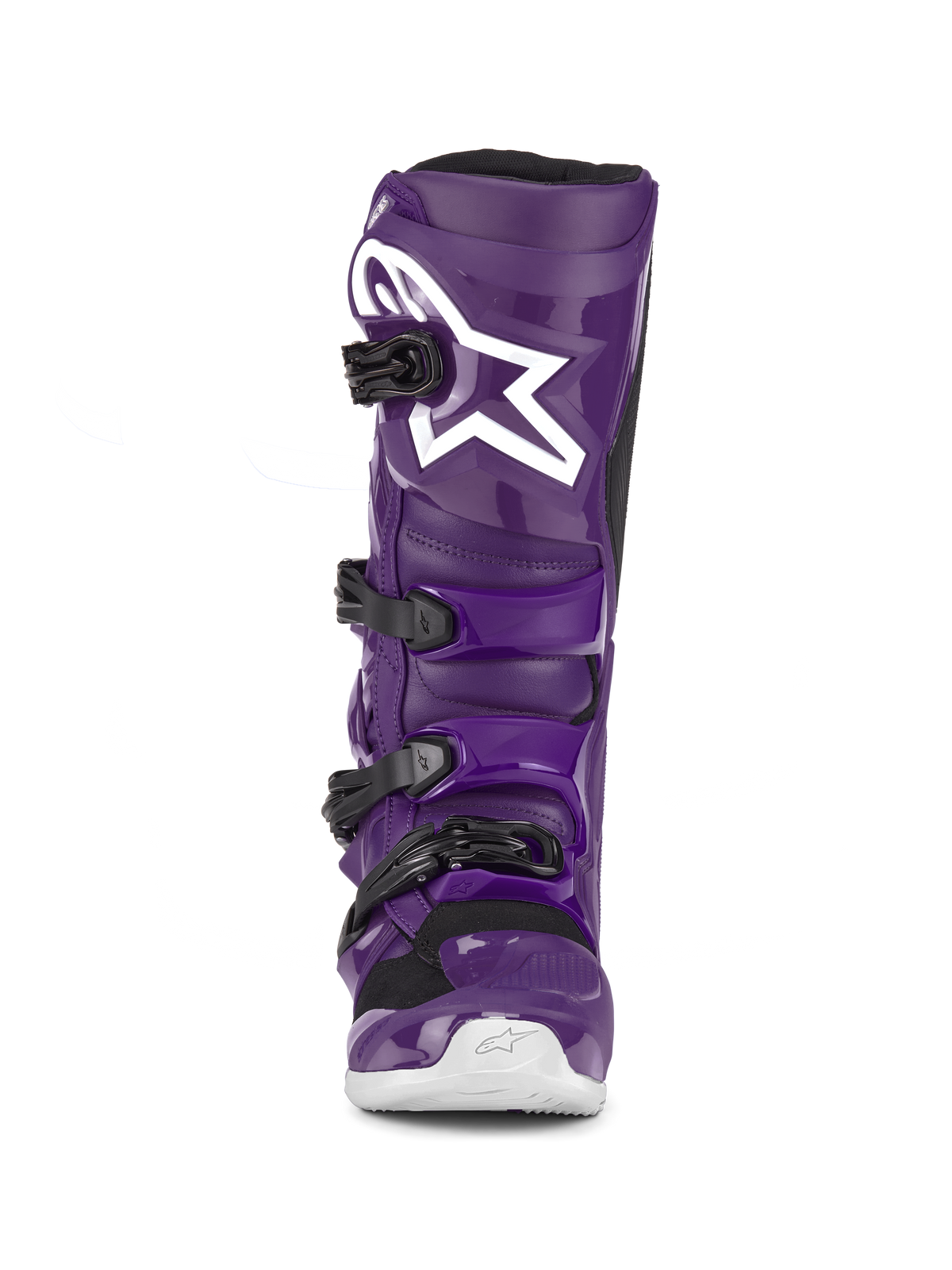 Alpinestars Tech 7 støvler, lilla motocross-støvler, set forfra, med fire sorte spænder, hvidt Alpinestars-logo på skinnebenspladen, holdbar TPU-skal og syntetisk konstruktion til off-road-beskyttelse