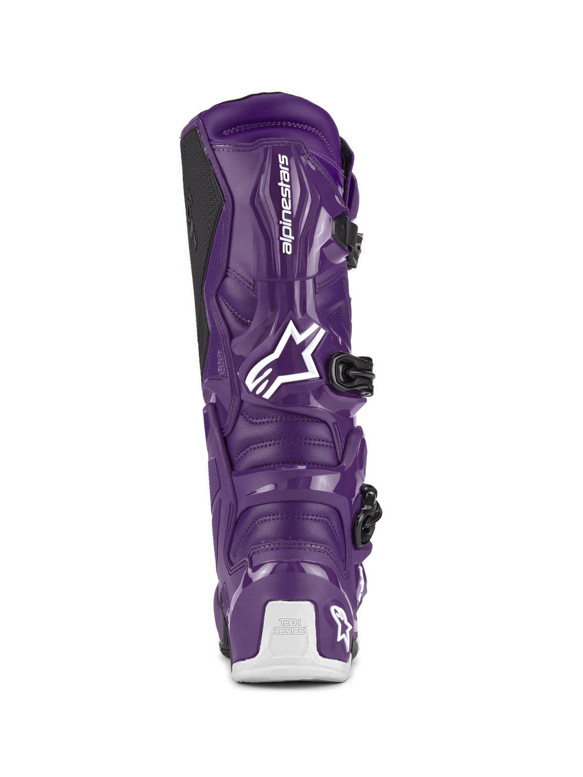 Alpinestars Tech 7 støvler, motocross-støvler, lilla, set bagfra med hvidt Alpinestars-logo og Tech Series-branding på hælen, sorte spændelukninger, slidstærk TPU- og syntetisk konstruktion til terrænkørsel