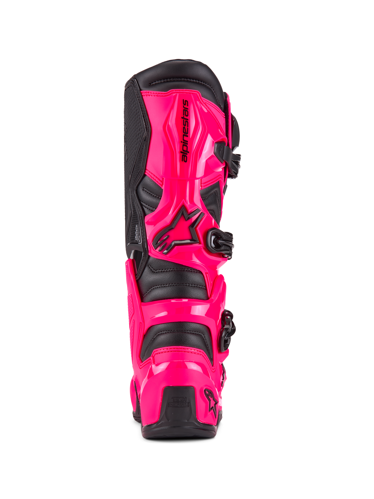Alpinestars Tech 7 støvler, motocross-støvler, Diva Pink og sort, set bagfra med slagfast TPU-beskyttelse af hæl og læg, sort spændesystem, holdbar konstruktion til terrænkørsel