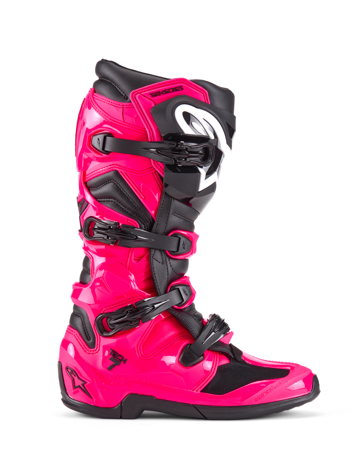 Alpinestars Tech 7 støvler, motocross off-road støvler, Diva Pink og sort, blank lyserød TPU-skal med sorte detaljer, fire justerbare sorte spænder, forstærket skinnebensbeskytter, professionelt racerfodtøj