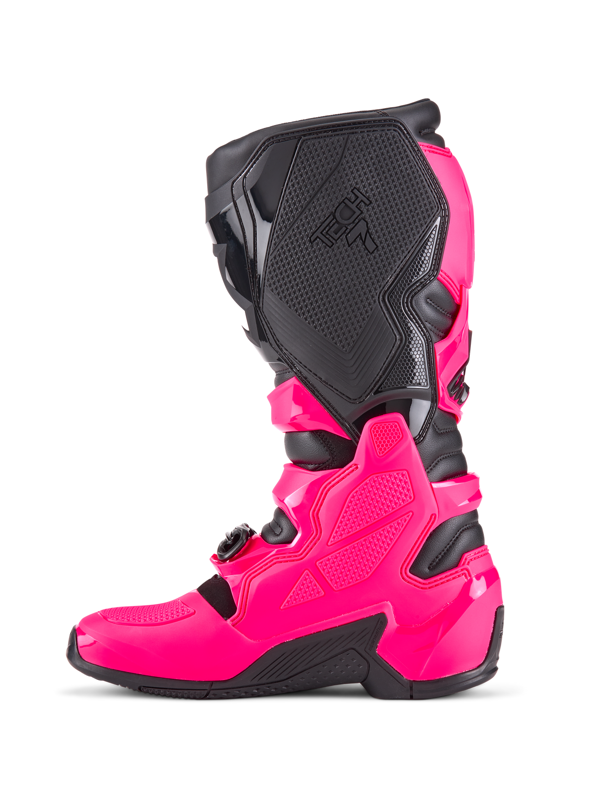 Alpinestars Tech 7 motocross-støvler, Diva Pink og sort, sideprofil med beskyttende TPU-skal, teksturerede mediale grippaneler med Tech 7-branding og robust sort sål, højtydende off-road racing-fodtøj