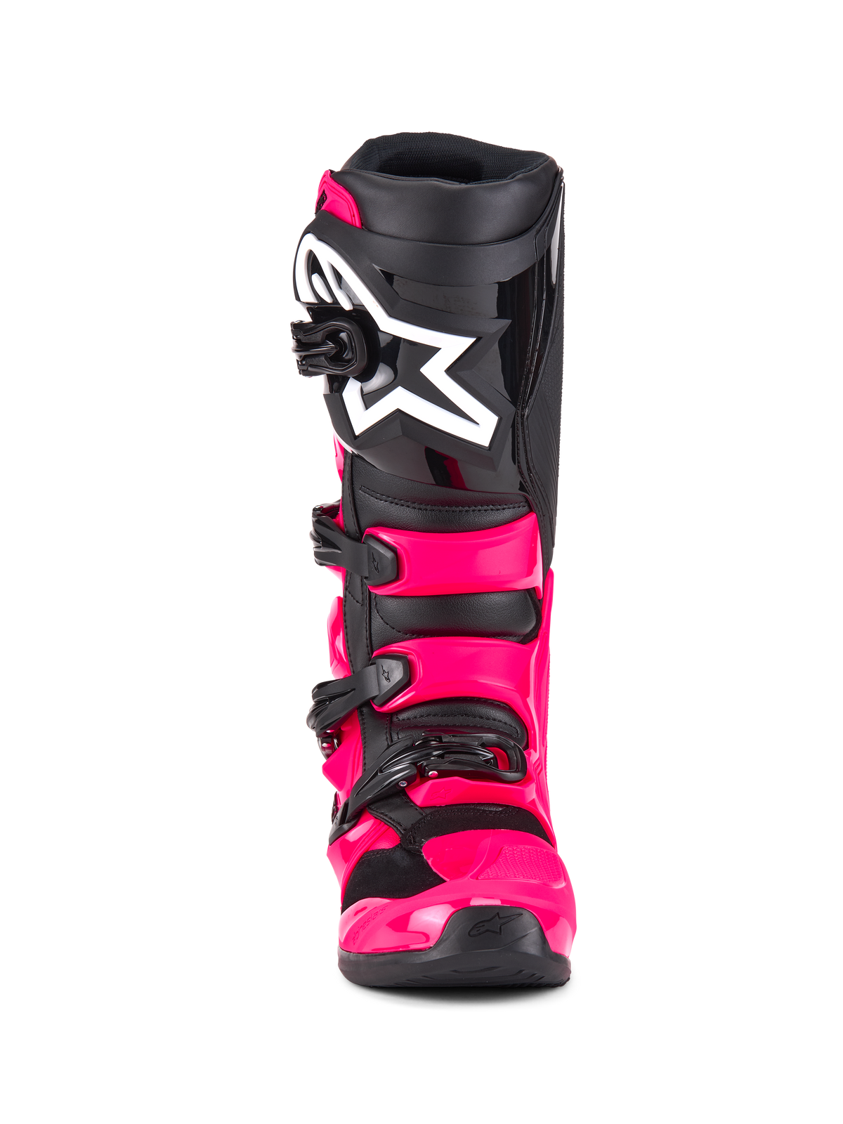 Alpinestars Tech 7 støvler, motocross-støvler, Diva Pink Black, set forfra, med en kraftig pink TPU-skal og stropper, sort skinnebensplade med et stort hvidt Alpinestars-stjernelogo og sikre sorte spænder.