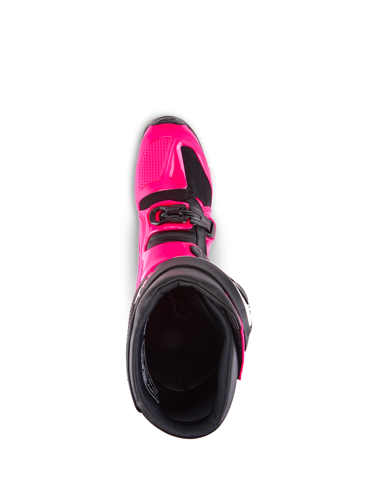 Alpinestars Tech 7 støvler, motocross-støvler, Diva Pink og sort, set oppefra med kig ind i det indvendige for, viser den lyserøde TPU-yderskal og spændedetaljer, konstrueret til off-road ydeevne