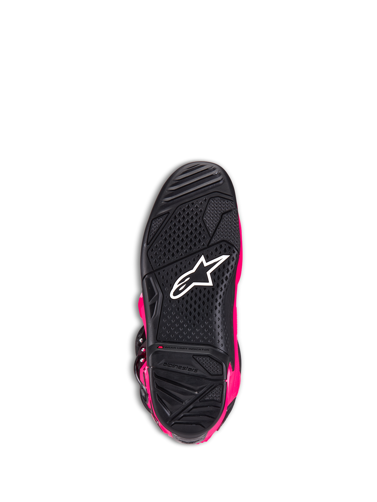 Alpinestars Tech 7 støvler, motocross-støvler, Diva Pink og sort, undersiden af ydersålen viser den sorte teksturerede gummisål, hvidt Alpinestars-logo og slidgrænseindikator, højtydende off-road fodtøj