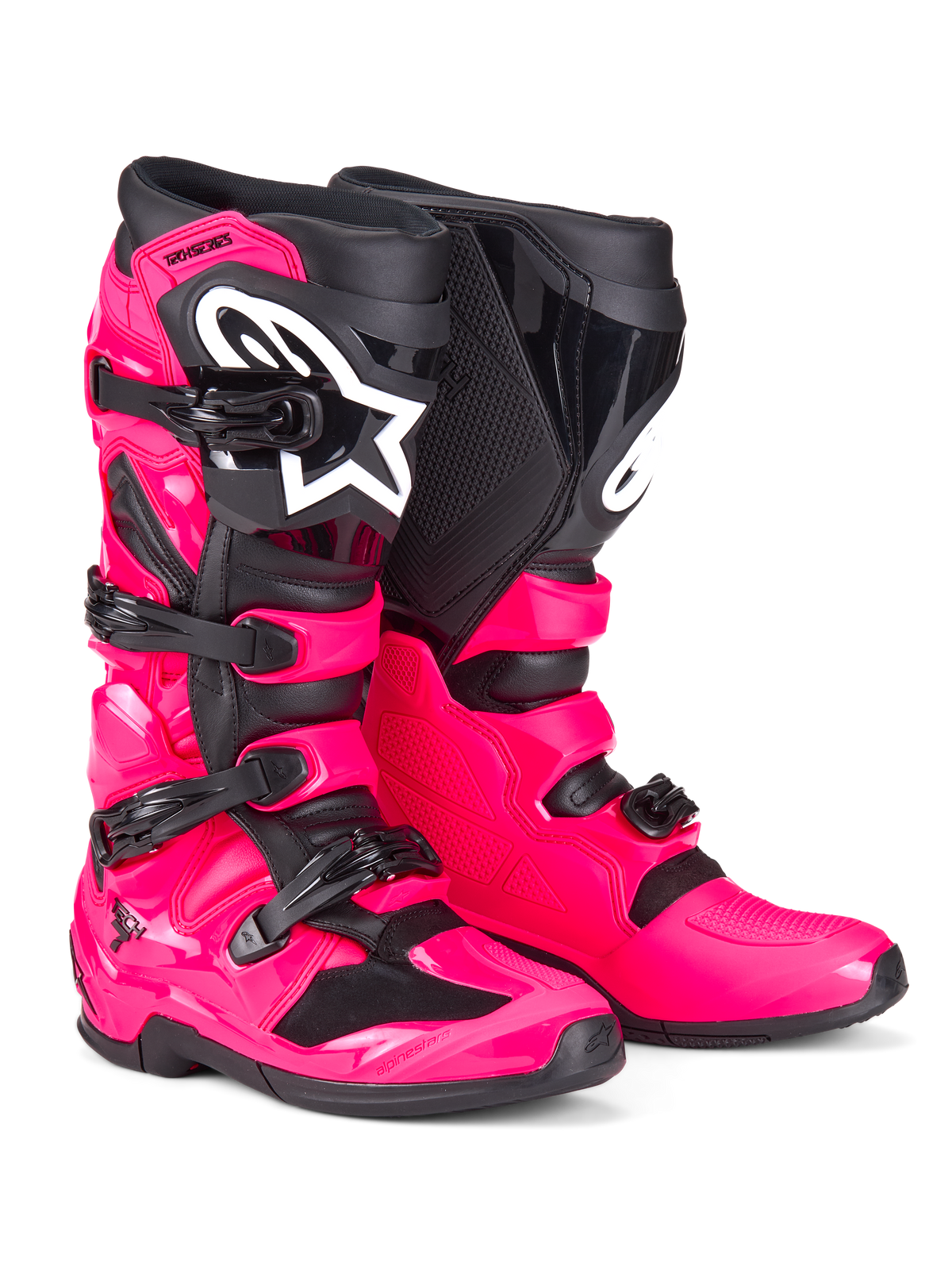 Alpinestars Tech 7-støvler, motocross-støvler, Diva Pink og sort, med en robust TPU-skal, lukkesystem med fire spænder og et hvidt Alpinestars-logo, højtydende off-road fodtøj