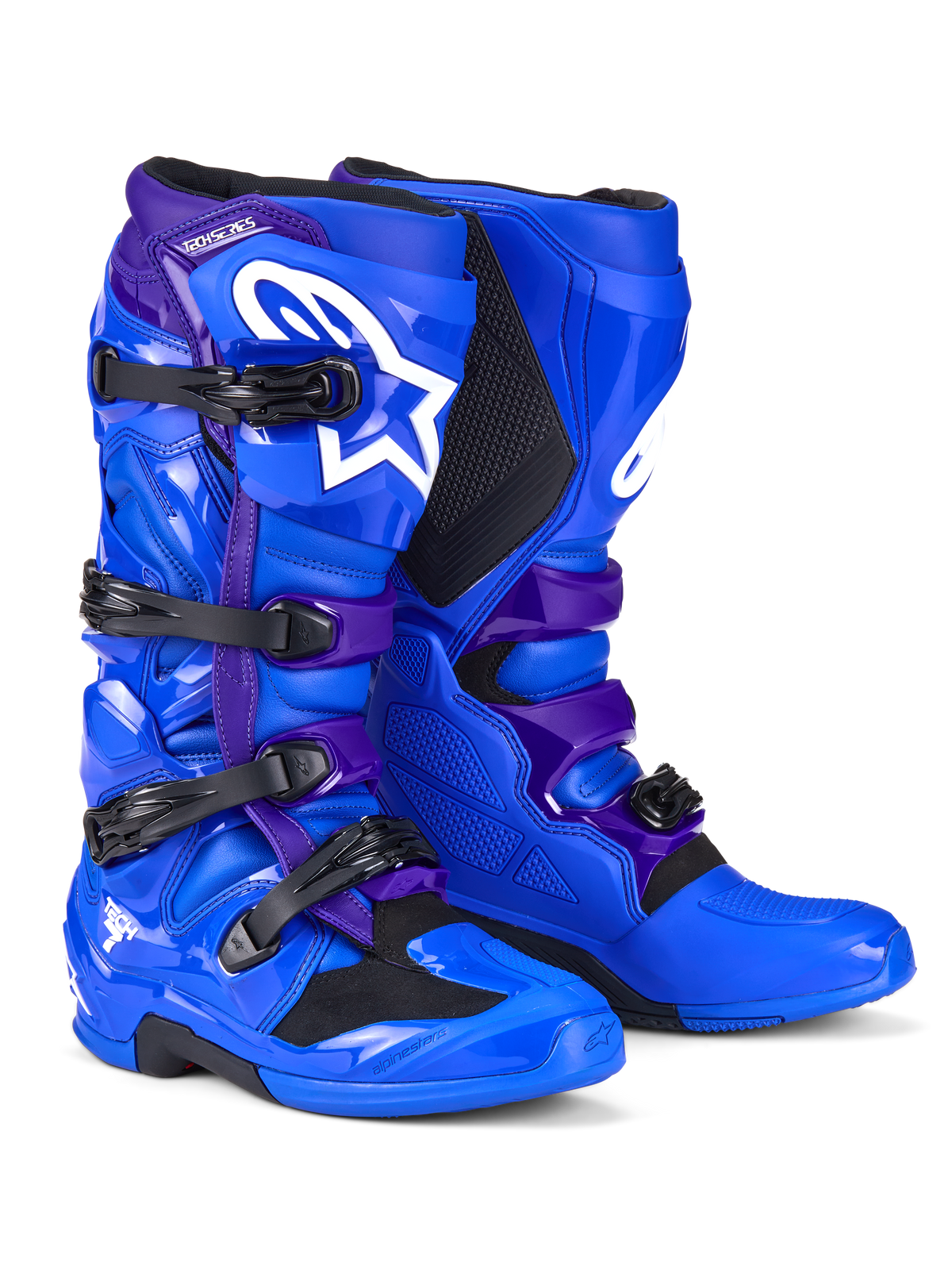 Alpinestars Tech 7 Boots, Motocross Boots, Blue and Purple, featuring white Alpinestars logos, TPU protective panels, four-buckle closure system, and rugged off-road sole design