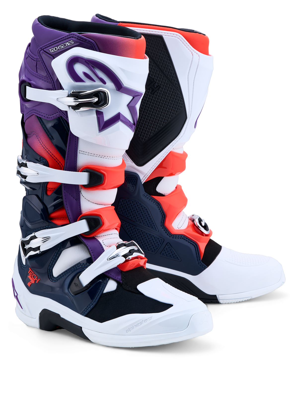 Alpinestars Tech 7 støvler, motocrossstøvler til herrer, lilla, hvid, mørkeblå og neonrød, CE-certificeret med TPU-beskyttelse