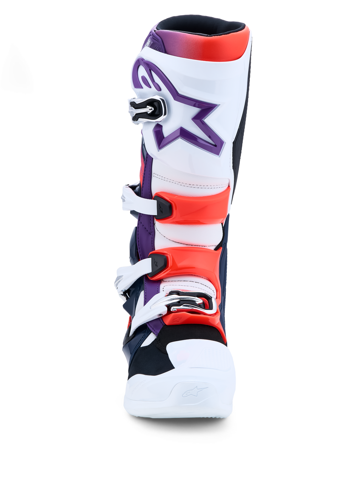 Alpinestars Tech 7 støvler, motocrossstøvler til herrer, lilla, hvid og rød fluo, med TPU-beskyttelse og spændelukning, designet til off-road ydeevne og maksimal sikkerhed.