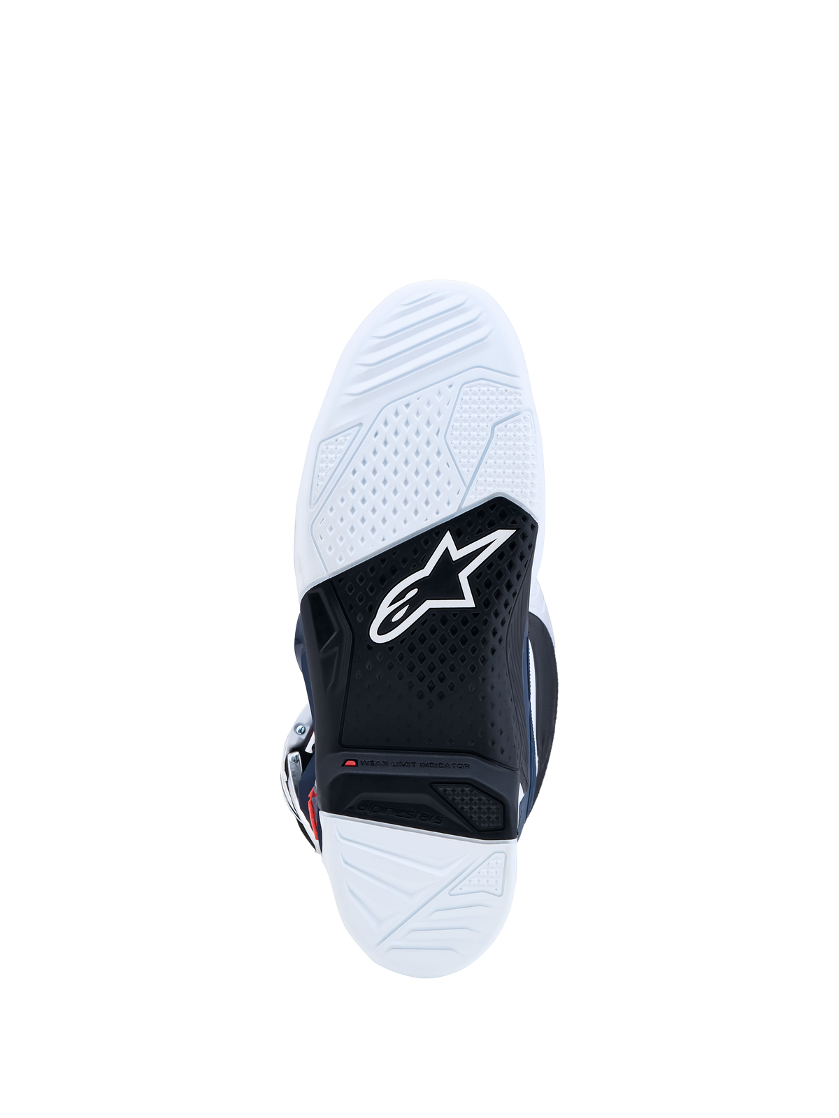 Alpinestars Tech 7 motocrossstøvler, hvid og sort gummisål med dobbeltforbindelse og rød slidgrænseindikator, off-road kørsel.