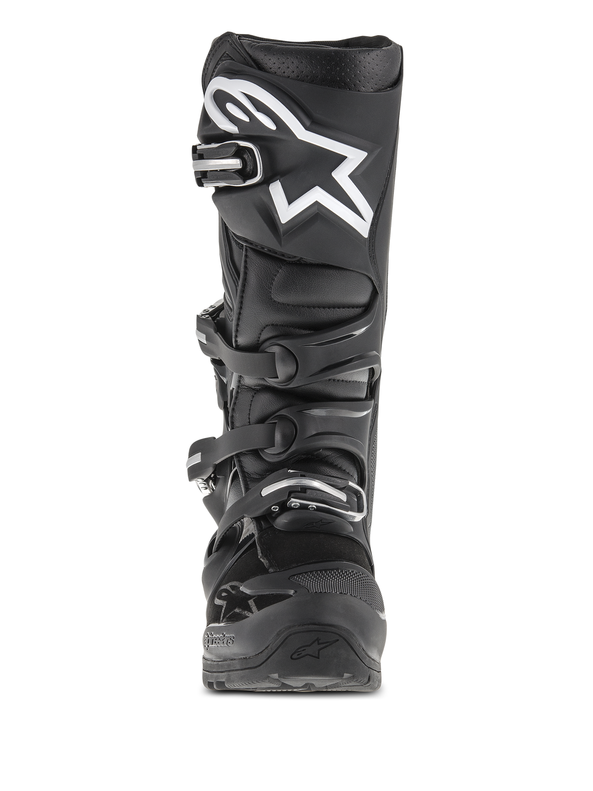 Alpinestars Tech 7 Enduro-støvler, motocross- og endurostøvler, sort, set forfra med hvidt stjernelogo på skinnebenet, fire-spænde lukkesystem, forstærket beskyttelsesstruktur til off-road brug