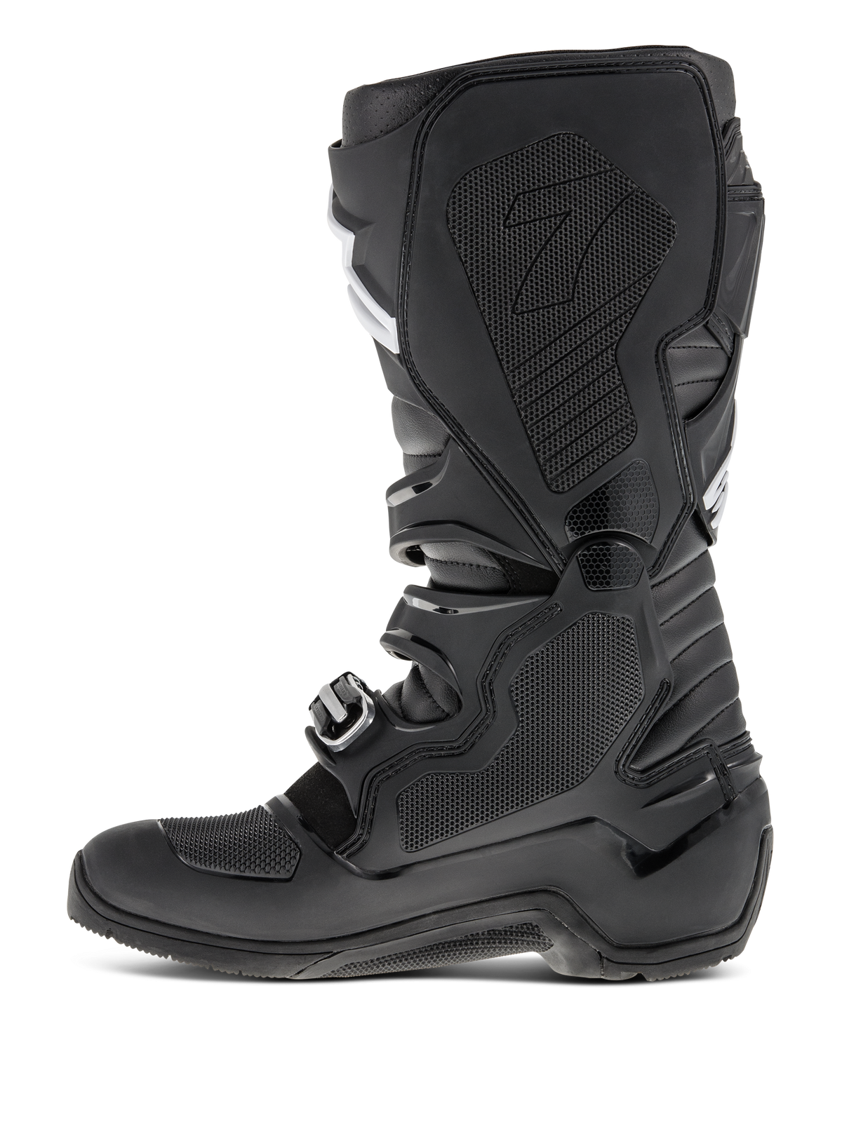 Alpinestars Tech 7 Enduro-støvler, sort, sideprofil der fremhæver den mediale side med bikagegummiindsats, beskyttende TPU-paneler og spændelukkesystem til off-road motocross