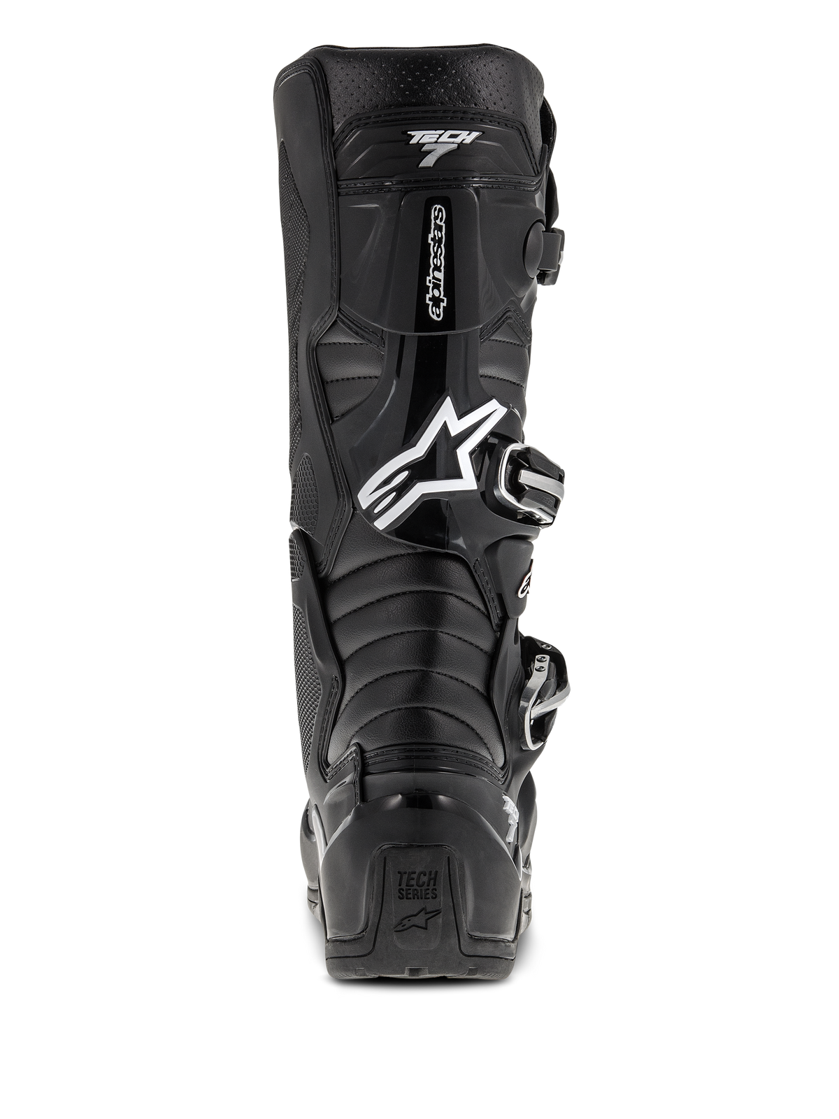 Alpinestars Tech 7 Enduro-støvler, sort, set bagfra med hvidt Astars-logo og "Tech 7"-branding, beskyttende TPU-skal med spændesystem, holdbar konstruktion til off-road og motocross-racing