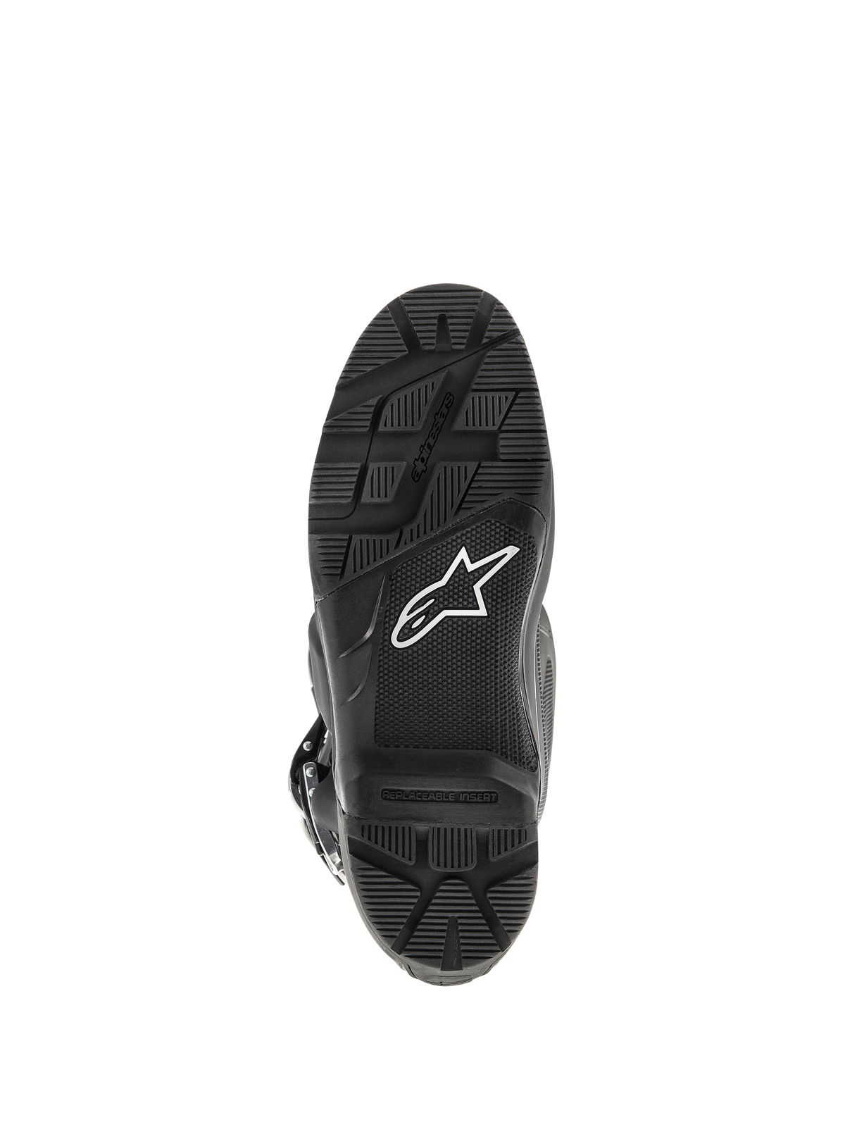 Alpinestars Tech 7 Enduro-støvler, sort, bundvisning af sålen med et robust mønster til Enduro-kørsel, hvidt stjernelogo og udskiftelig fodhvilerindsats
