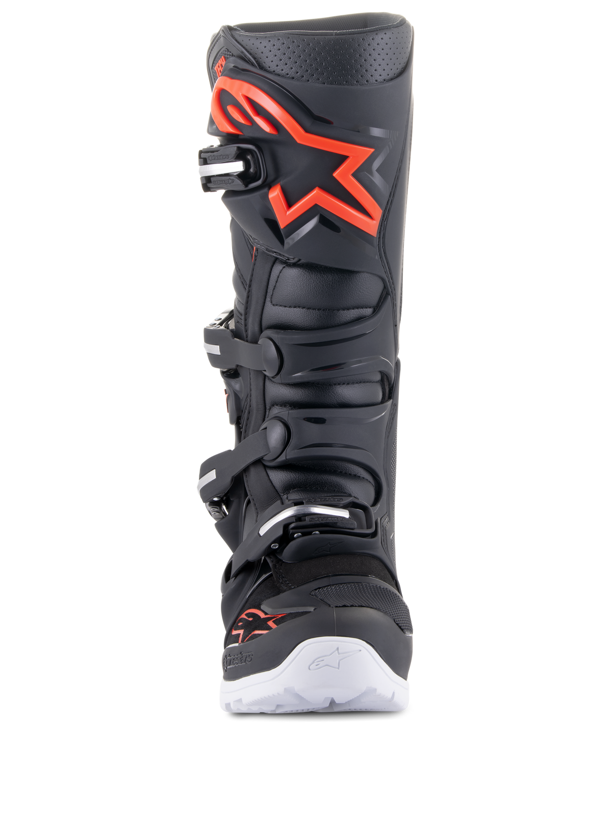Alpinestars Tech 7 Enduro Boots, Black and Red Fluo, front view, featuring a large red logo on the shin plate, four-buckle closure system, and white outer sole accents, professional motocross and off-road footwear.
