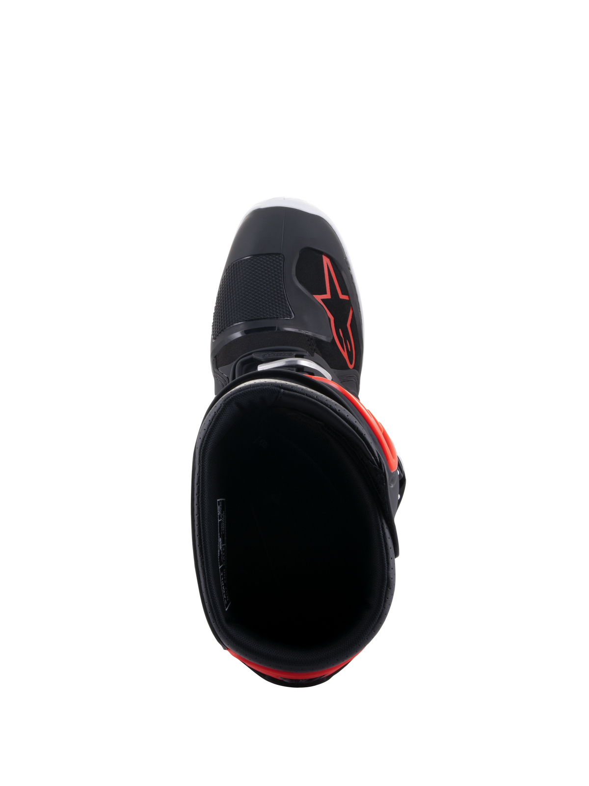 Alpinestars Tech 7 Enduro Boots, Black and Red Fluo, top-down view looking into the boot opening, featuring black interior lining and red star logo on the forefoot