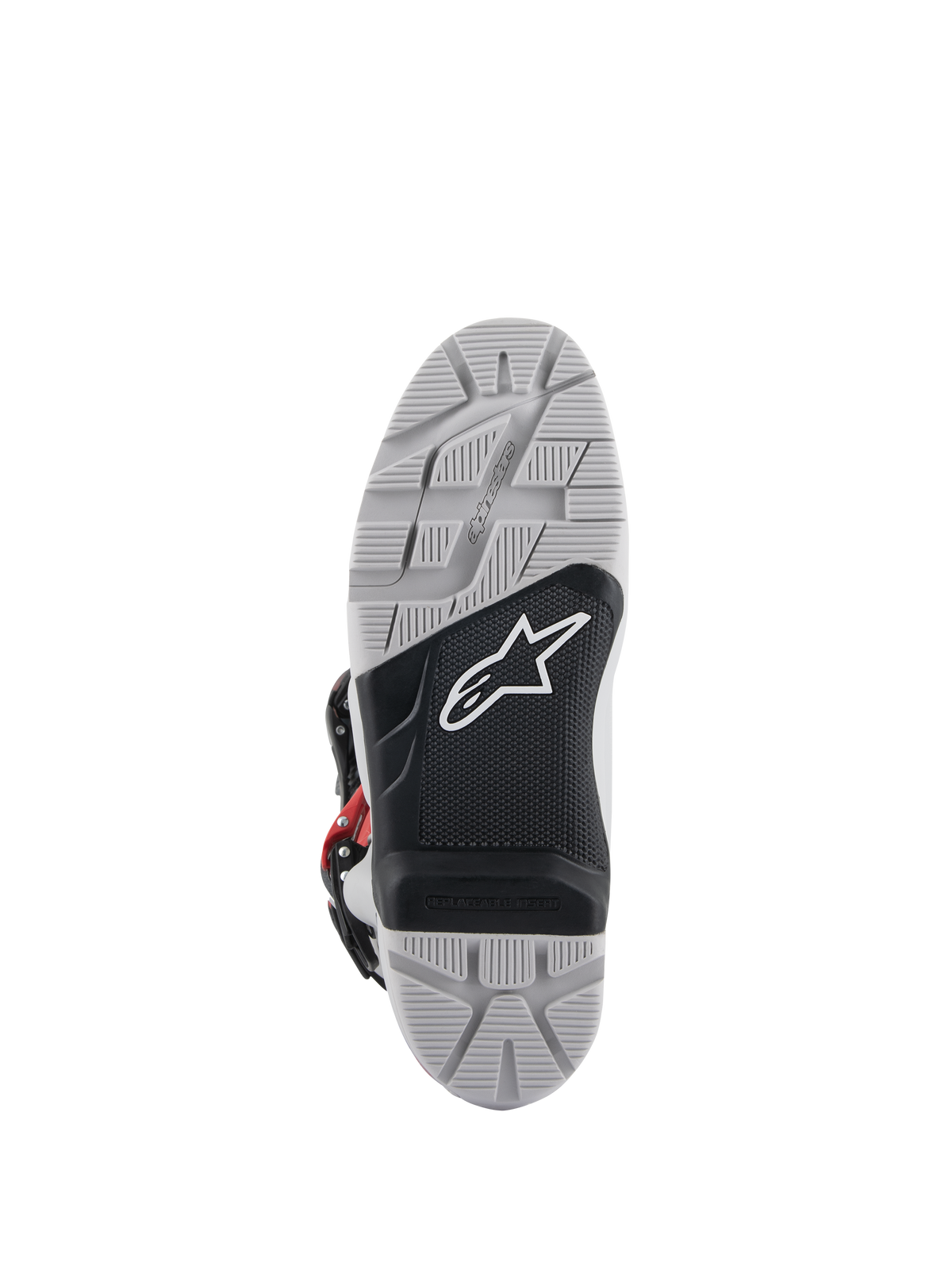 Alpinestars Tech 7 Enduro Boots, outsole view, gray and black dual-compound sole featuring a white star logo, deep textured tread for maximum off-road grip, replaceable footpeg insert designed for enduro and off-road riding durability