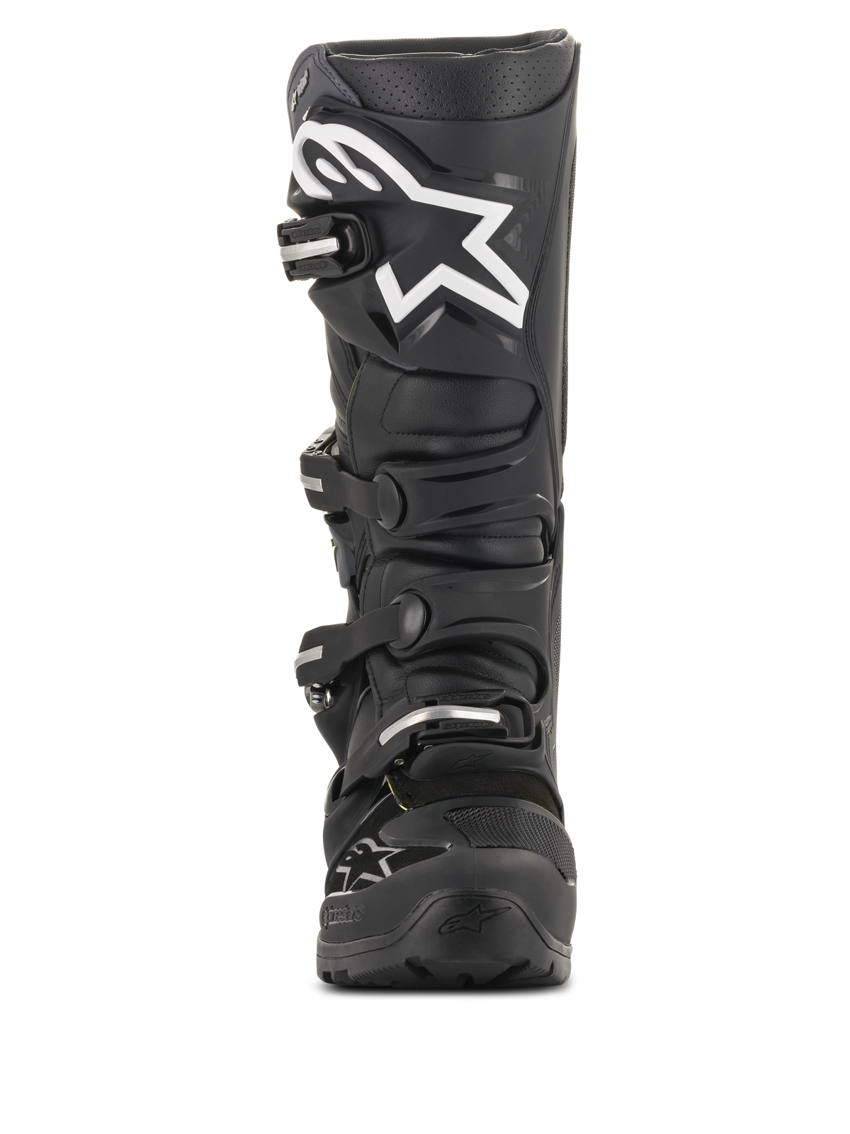 Alpinestars Tech 7 Enduro Drystar® Boots, Black Motocross Boots, front view featuring a large white star logo on the shin, four-buckle closure system, durable TPU construction for enduro and off-road riding