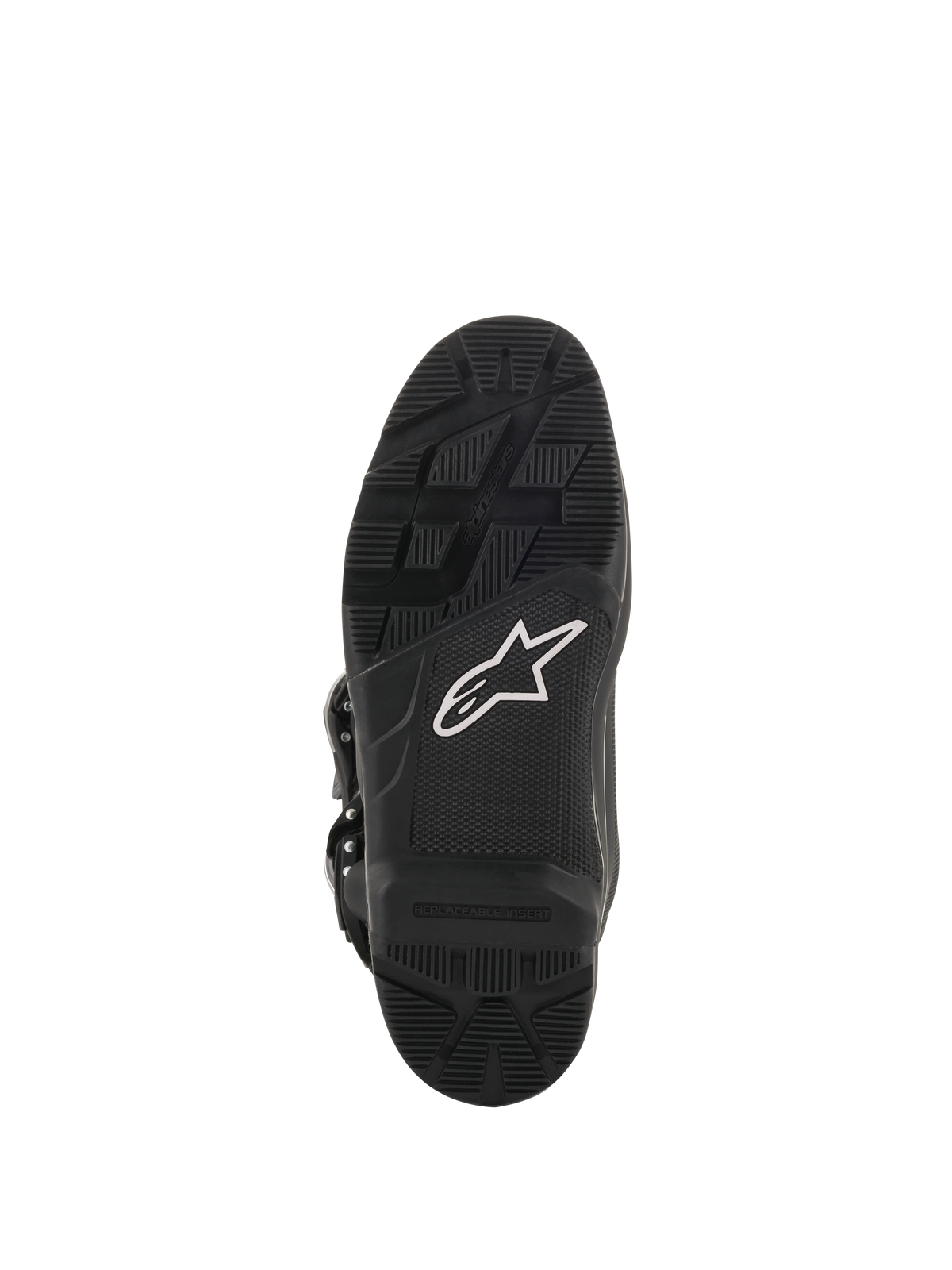 Alpinestars Tech 7 Enduro Drystar® Boots, Motocross and Enduro Boots, Sole view in Black, high-grip rubber compound featuring a white star logo and replaceable insert for durable off-road performance