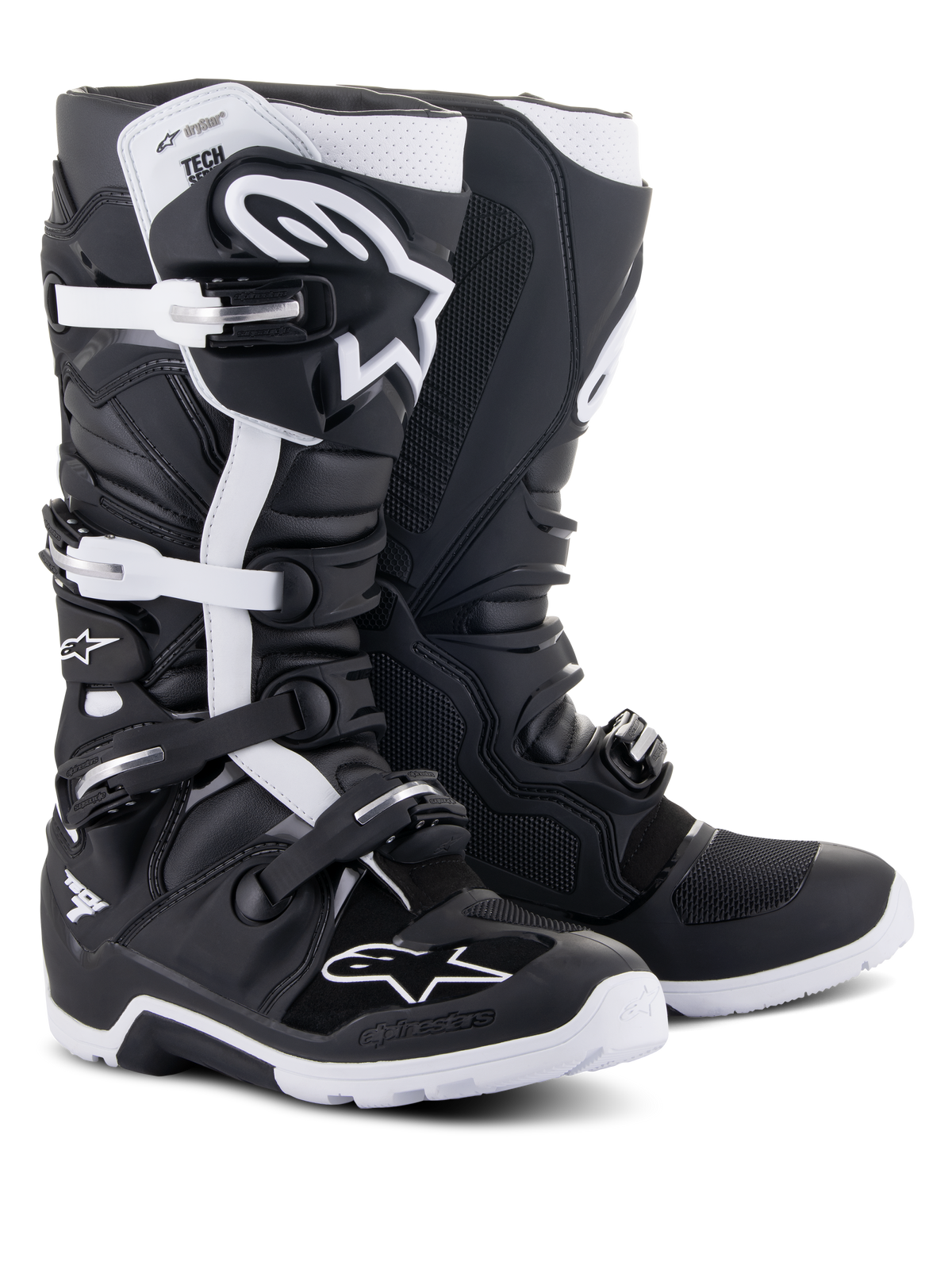 Alpinestars Tech 7 Enduro Drystar®-støvler, off-road motorcykelstøvler, sort og hvid, vandtæt membran, lukkesystem med flere spænder og en robust enduro-specifik sål til off-road-kørsel.