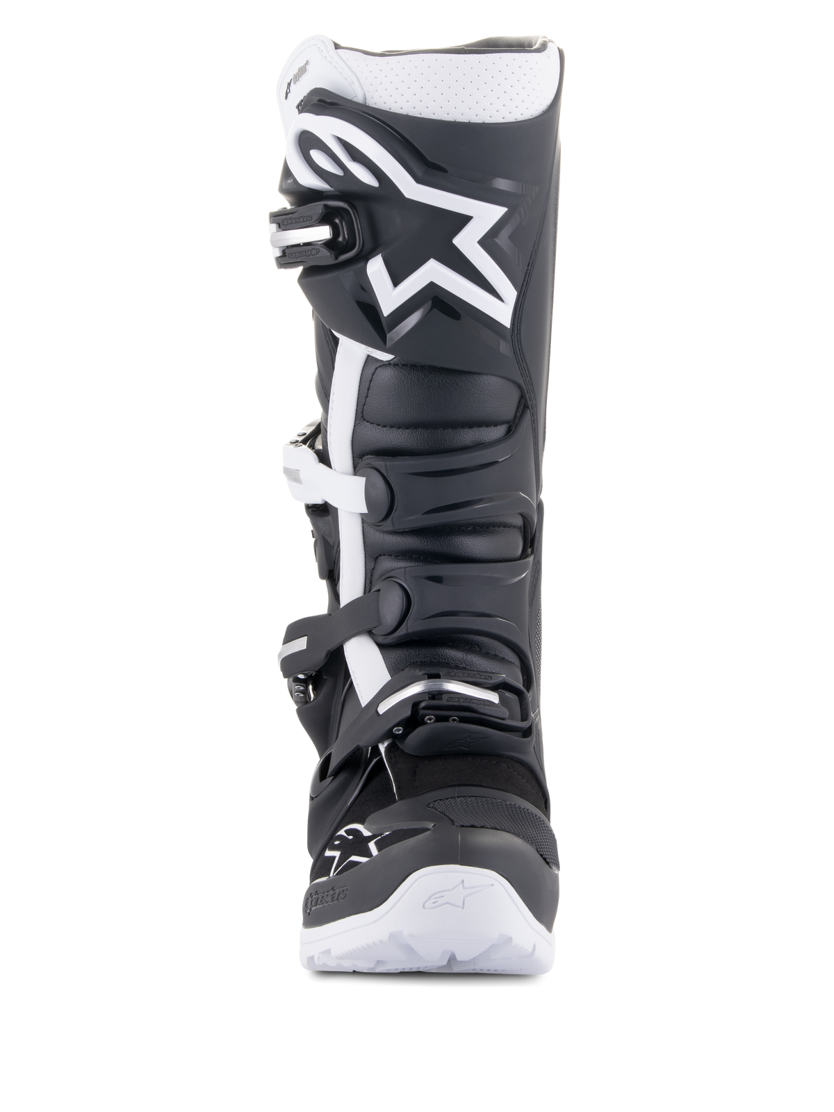 Alpinestars Tech 7 Enduro Drystar® støvler, enduro-motorcykelstøvler, sort og hvid, stort hvidt Alpinestars-logo på skinnebenspladen, fire-spænde lukkesystem, robust hvid sål, designet til off-road kørsel
