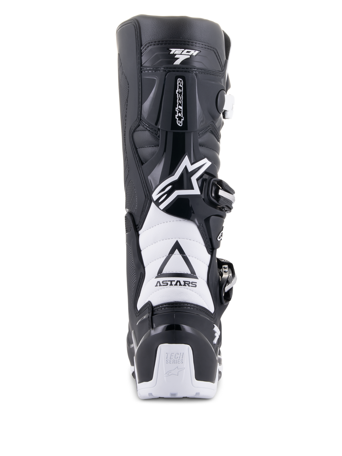 Alpinestars Tech 7 Enduro Drystar-støvler, sort og hvid, set bagfra, TPU-beskyttelsesstruktur, hvide harmonika-flexzoner og spændesystem, med Alpinestars-branding på hælen og overdelen