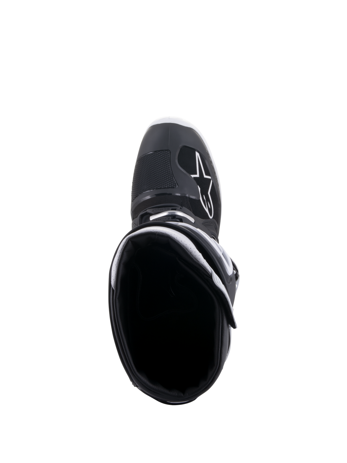 Alpinestars Tech 7 Enduro Drystar® støvler, sort og hvid, set oppefra ned i støvleåbningen, med hvidt A-star-logo på tåområdet, hvidt kravefor og højtydende vandtæt design til enduro-kørsel