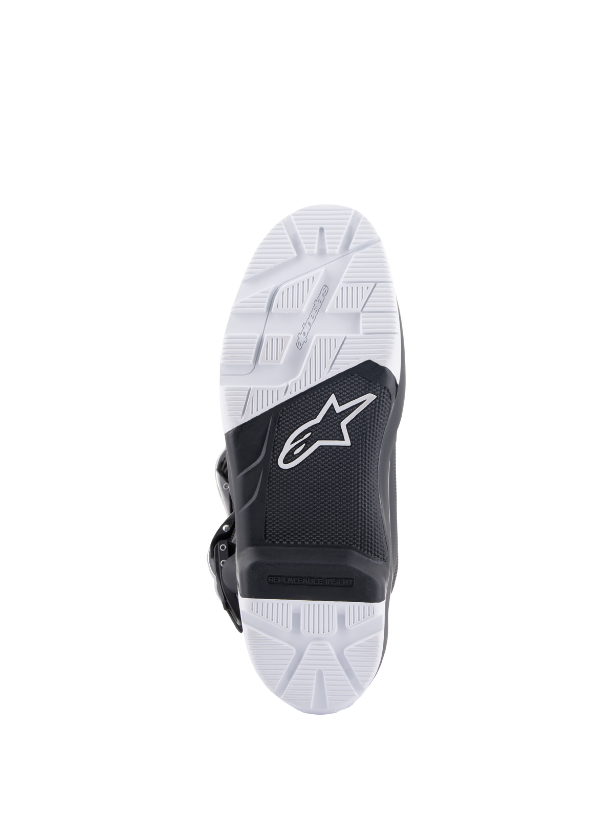 Alpinestars Tech 7 Enduro Drystar® støvler, detaljeret visning af sålen, sort og hvid gummiblanding med dobbelt densitet og højt greb, med Alpinestars-logo og udskiftelig fodhviler-indsats, designet til off-road og enduro-greb
