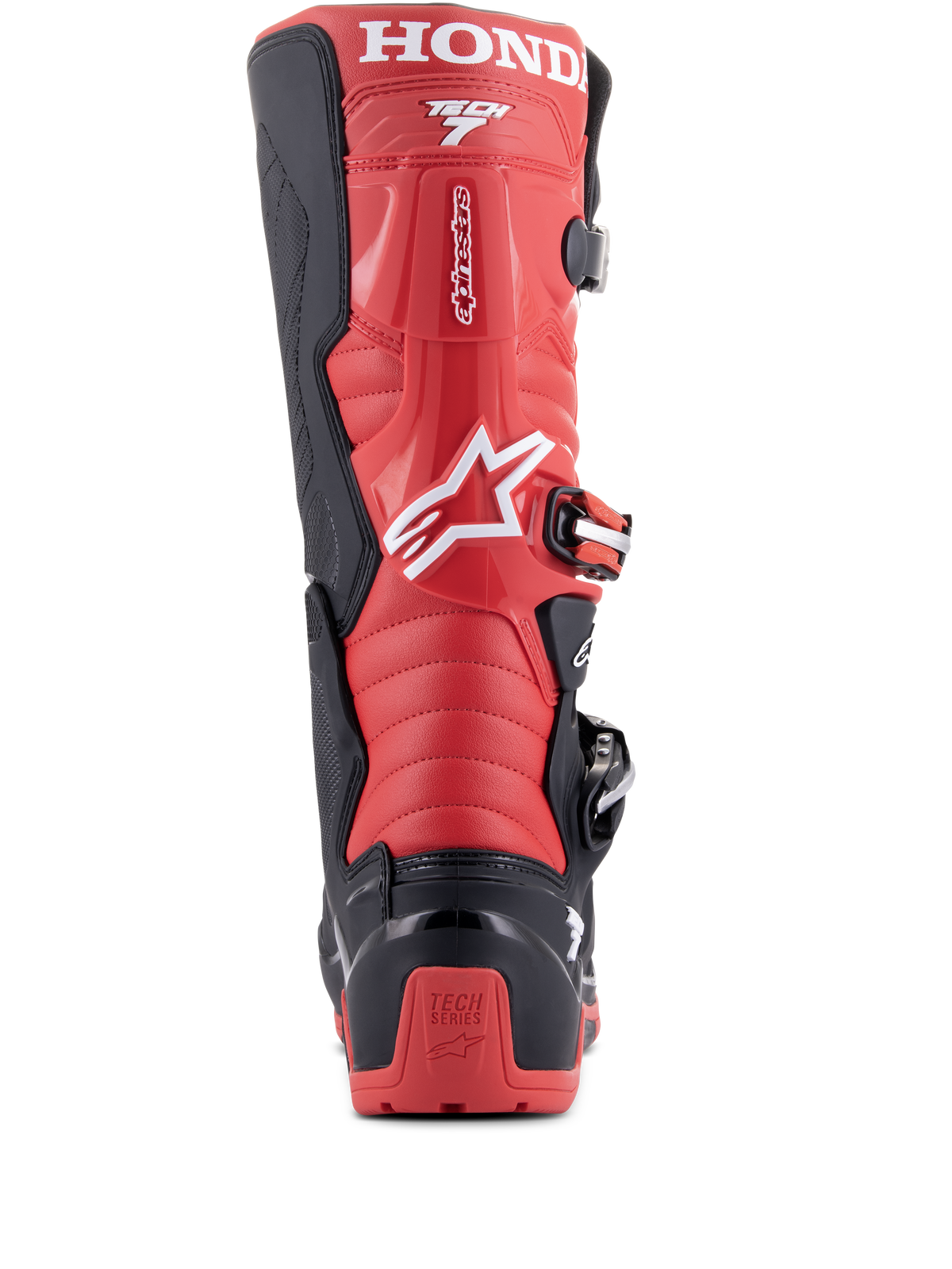 Alpinestars Honda Tech 7 Enduro Drystar® Boots, Black and Bright Red, Rear view featuring prominent HONDA branding on the upper calf, TPU heel protector with Tech Series logo, and secure buckle closure system