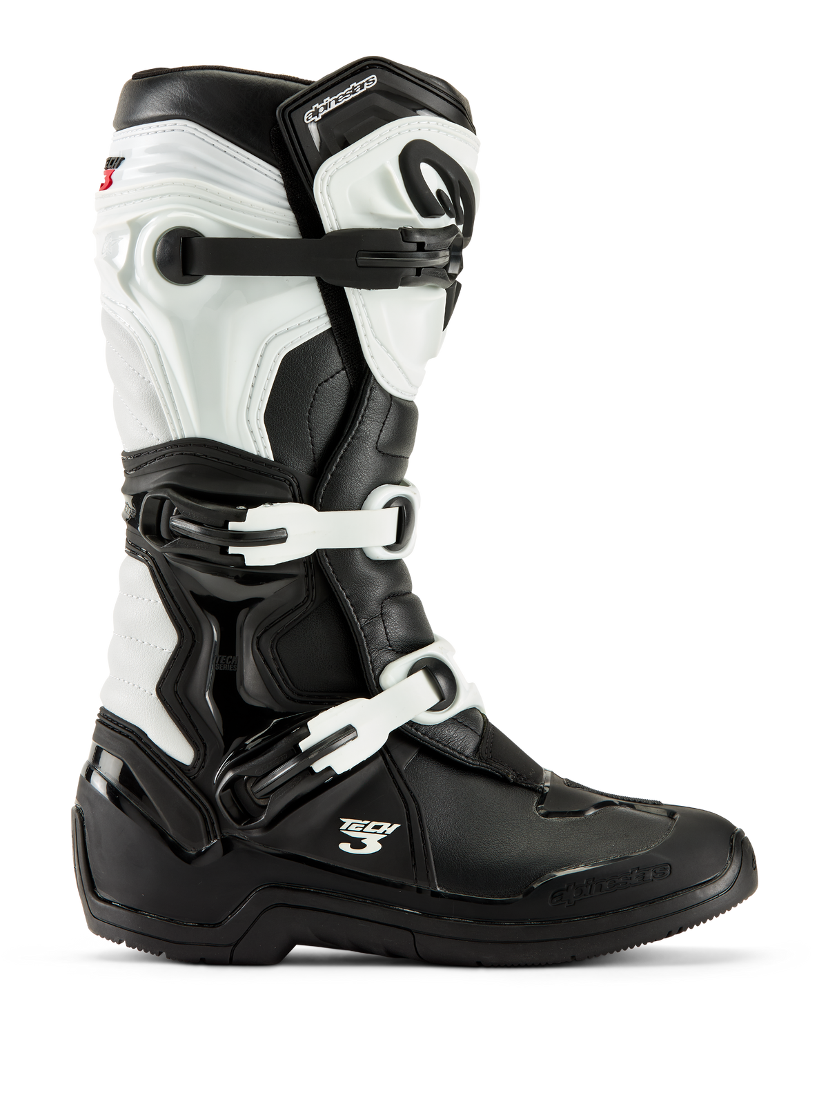 Alpinestars Tech 3 støvler, motocross-støvler, sort og hvid, sideprofil med lukkesystem med tre spænder, beskyttende TPU-paneler og holdbar syntetisk konstruktion til off-road racing