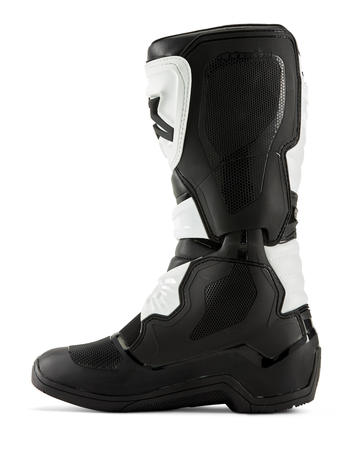 Alpinestars Tech 3-støvler, motocross-støvler, sort og hvid, medial sideprofil med teksturerede gribepaneler, TPU-beskyttere og holdbar mikrofiberkonstruktion, professionelt off-road fodtøj