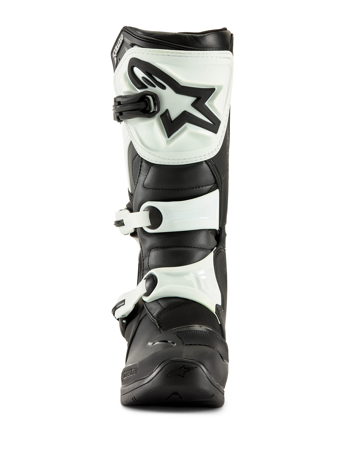 Alpinestars Tech 3 støvler, motocrossstøvler, sort og hvid, set forfra, viser hvid TPU skinnebensplade med sort stjernelogo og hvide spænderemme, holdbart off-road fodtøj