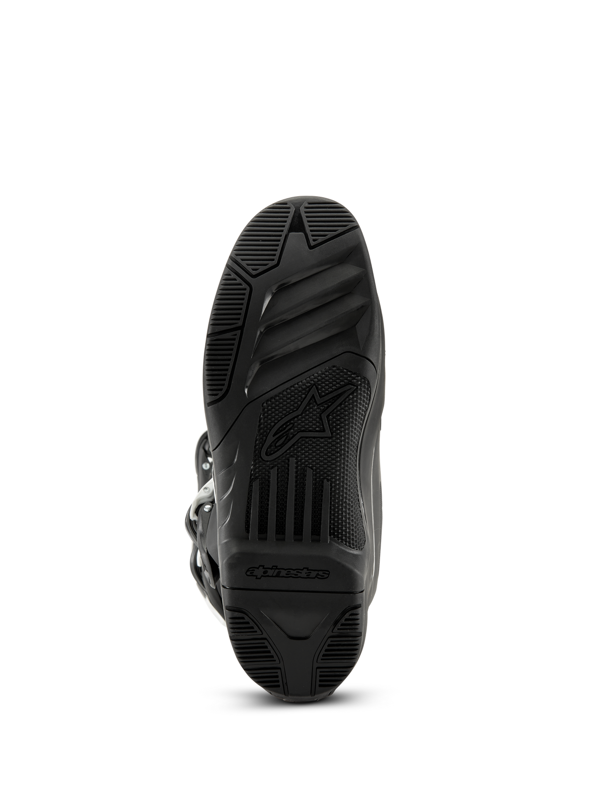 Alpinestars Tech 3 støvler, motocross-støvler, sort, underside af den teksturerede gummiydersål med Alpinestars-logo og navnetræk, højgrebsmønster til off-road præstationer