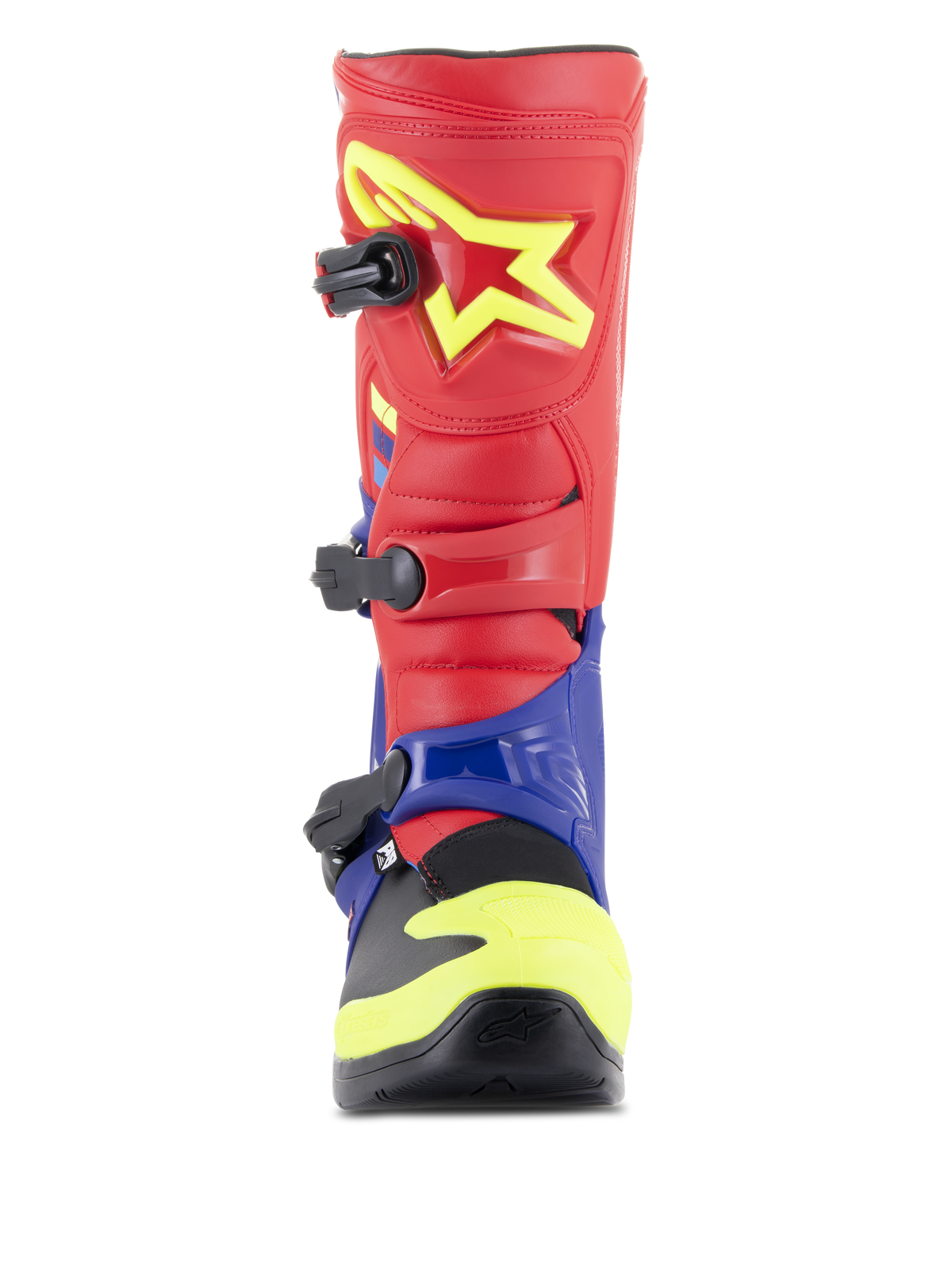 Alpinestars Tech 3 Boots, Motocross Boots, Bright Red Dark Blue and Yellow Fluo, front view showing triple buckle closure system, TPU shin plate with yellow star logo, and protective dual-compound foot shell.