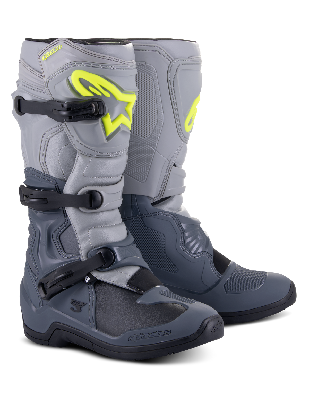 Alpinestars Tech 3-støvler, motocross-støvler, mørkegrå, lysegrå og sort, med et markant fluorescerende gult Alpinestars-logo, tre-spænders lukkesystem og forstærkede beskyttelsespaneler til off-road kørsel
