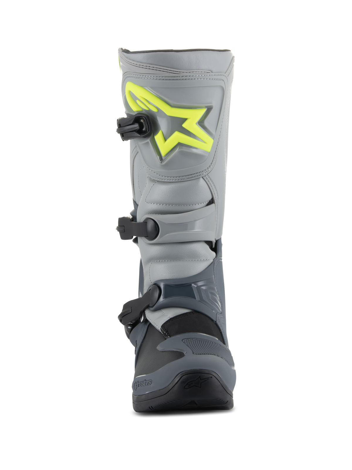 Alpinestars Tech 3 støvler, motocross-støvler, mørkegrå, lysegrå og sort, set forfra med et lysende gult logo på skinnebenspladen, tre sorte polymerspænder og en holdbar TPU-skal til off-road racing