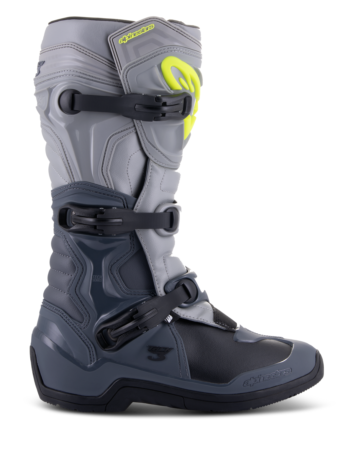 Alpinestars Tech 3 støvler, motocross-støvler, mørkegrå, lysegrå og sort, sidevisning med tre sorte polymerspænder, TPU-beskyttelsespaneler og et klart gult Alpinestars-logo på det øverste skinnebensområde