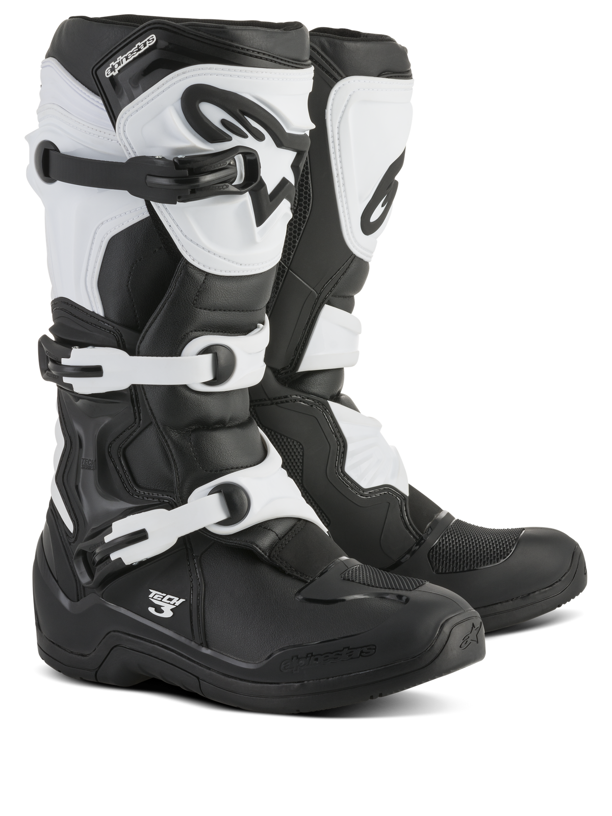 Alpinestars Tech 3 støvler, motocross-støvler, sort og hvid, med tredobbelt spændelukningssystem, beskyttende TPU-skinnebensplade og hælkappe, slidstærk mikrofiber- og syntetisk konstruktion til off-road racing