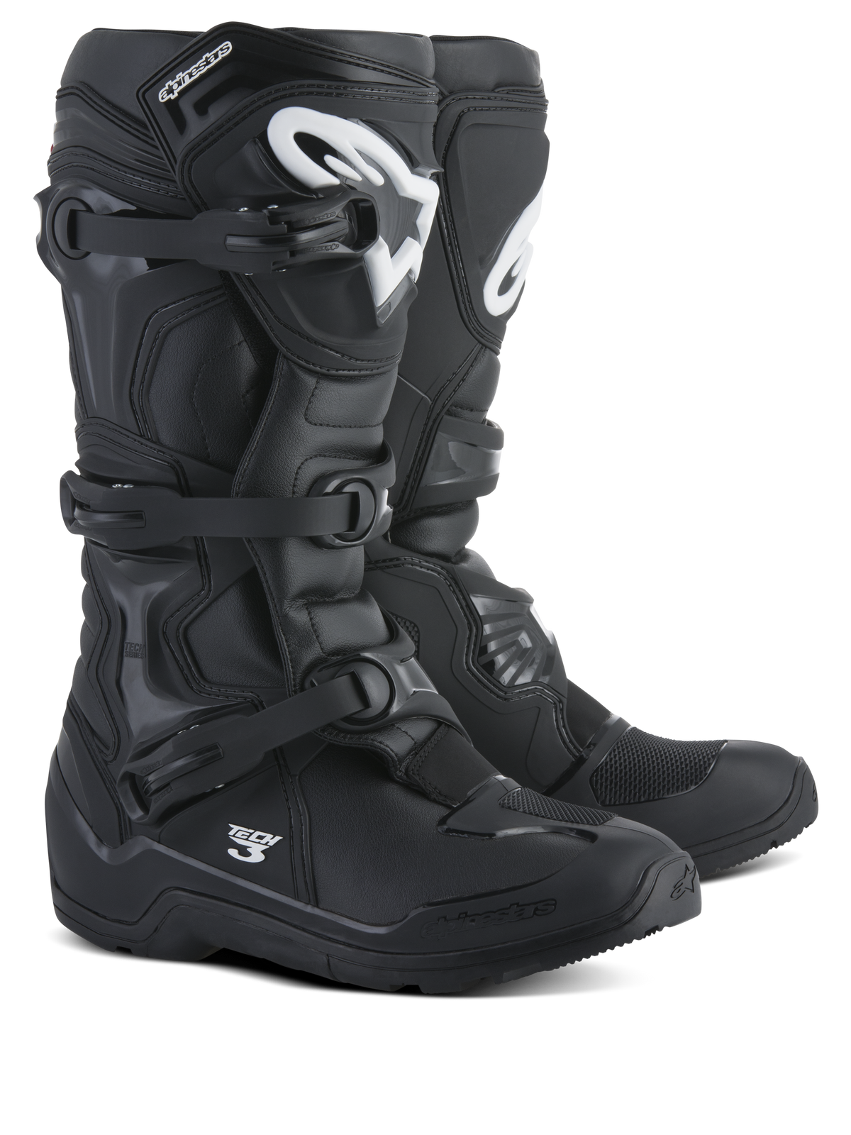Alpinestars Tech 3 Enduro støvler, motocross og off-road støvler, sort med hvide logoer, tredobbelt polymer spændesystem, holdbar TPU-beskyttelse, robust terrængående såldesign