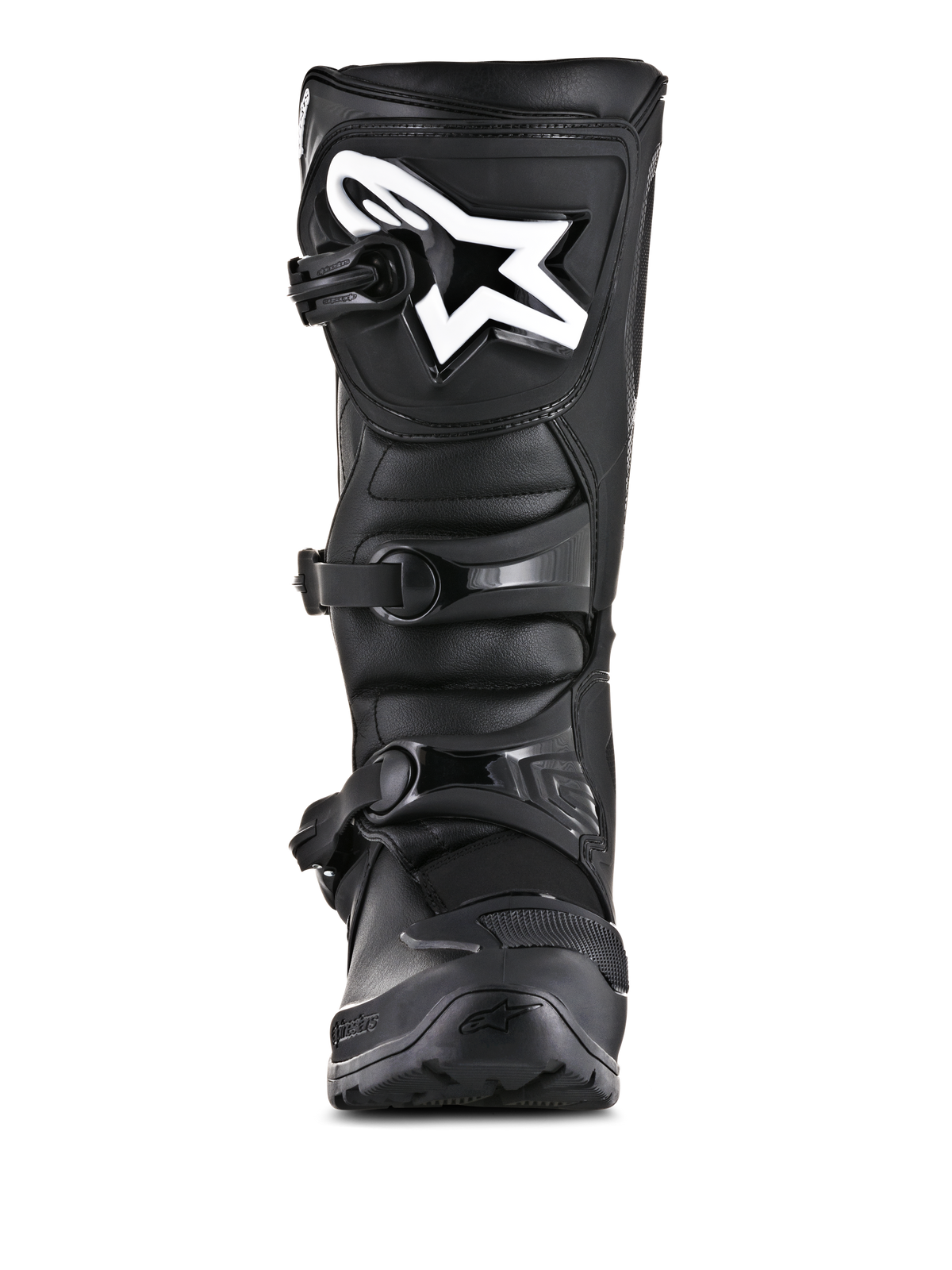 Alpinestars Tech 3 Enduro støvler, off-road motorcykelstøvler, sort, set forfra med et hvidt Alpinestars-logo på skinnebenspladen, lukkesystem med tre spænder, robust mikrofiber- og TPU-konstruktion
