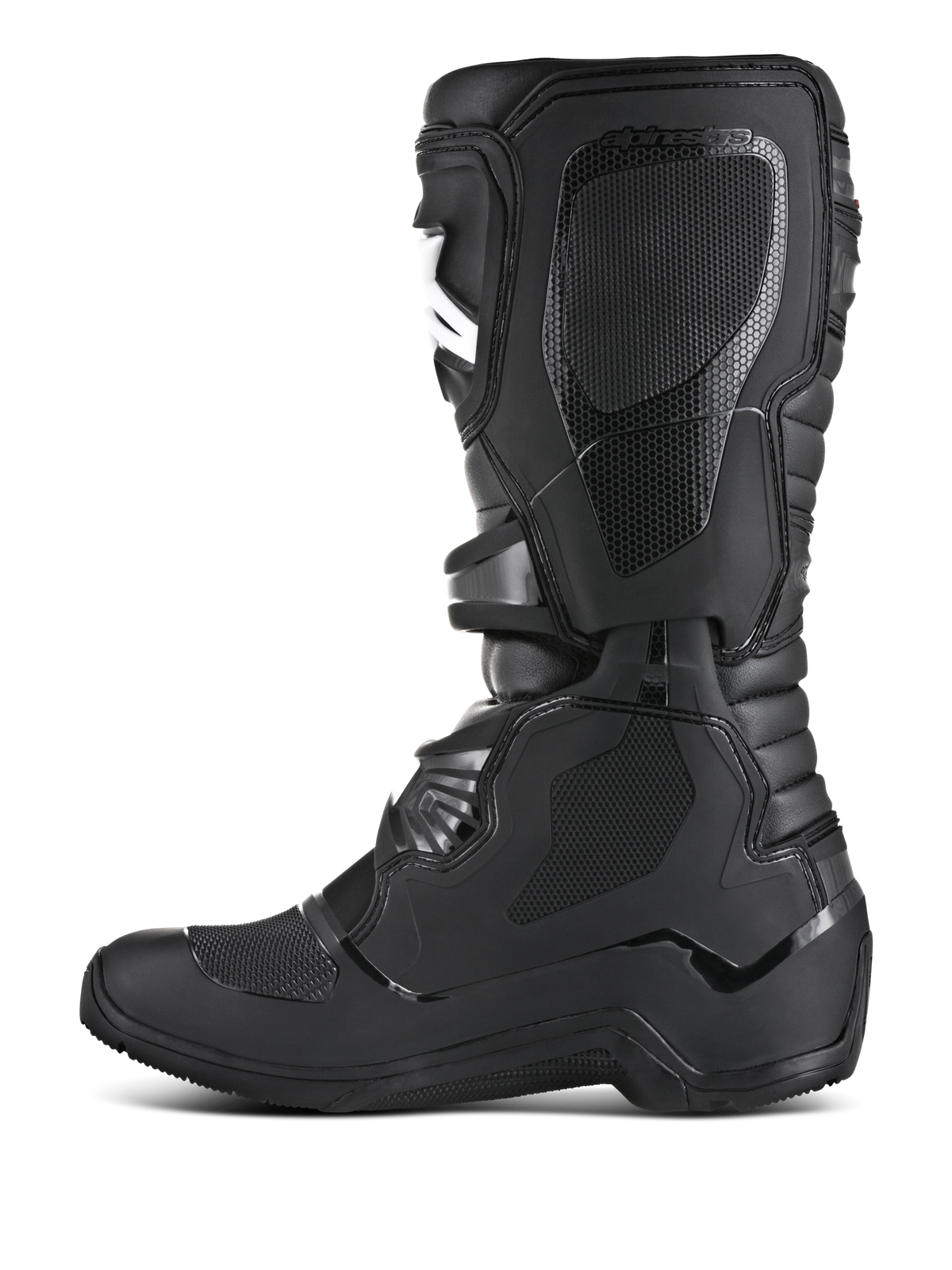 Alpinestars Tech 3 Enduro-støvler, off-road motorcykelstøvler, sort, medial sideprofil med teksturerede TPU-grippaneler, beskyttende skinnebensplade og holdbar konstruktion til enduro og motocross.
