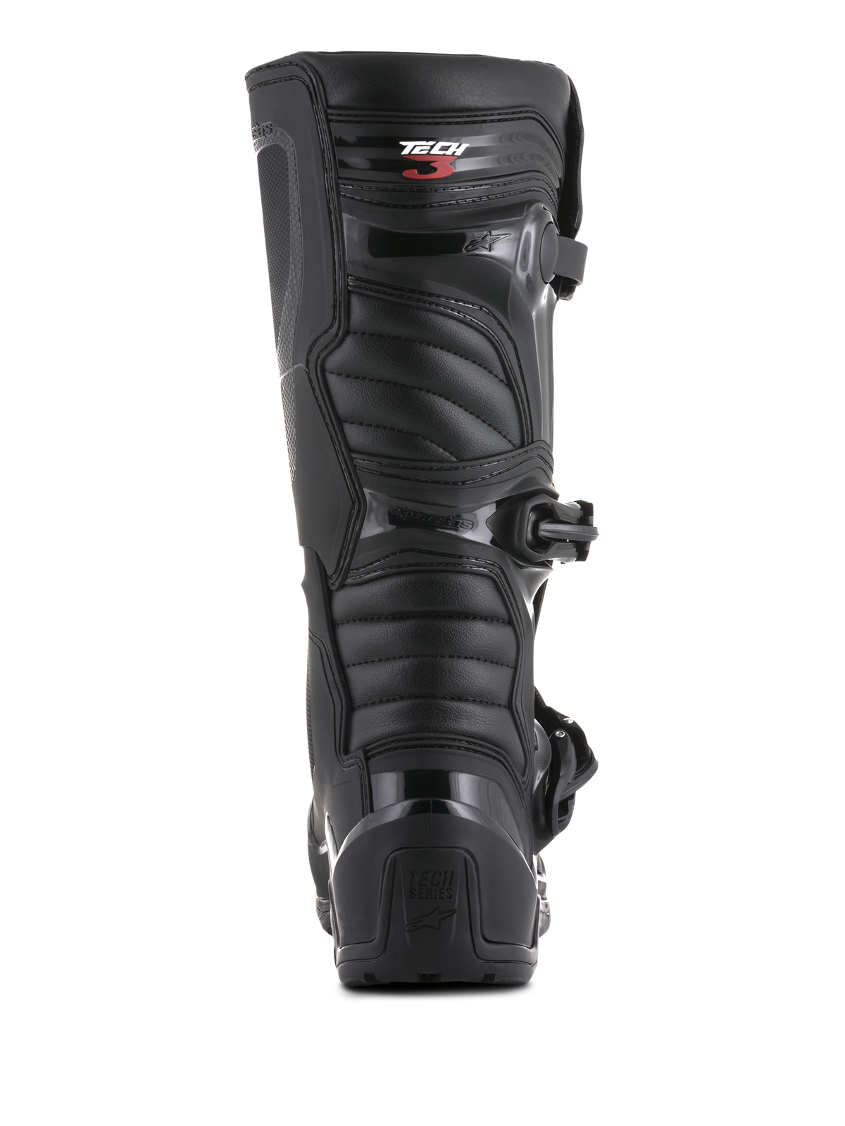 Alpinestars Tech 3 Enduro-støvler, set bagfra, sort, med TPU-hælkappe med Tech Series-branding og rillede fleksible paneler, holdbart beskyttende fodtøj til motocross og off-road kørsel