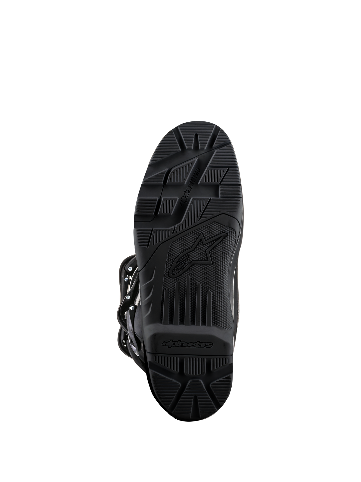 Alpinestars Tech 3 Enduro støvler, sort, visning af sålen, gummiblanding med højt greb og tekstureret mønster for off-road holdbarhed, med Alpinestars branding