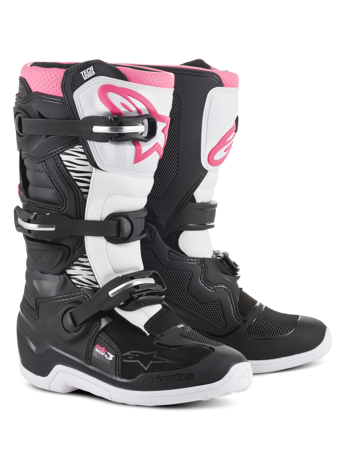 Alpinestars Stella Tech 3 støvler, motocross-støvler til damer, sort hvid og lyserød, hvid skinnebensbeskytter med lyserødt Alpinestars-logo, sort chassis med hvide flekszoner, lukkesystem med tre spænder